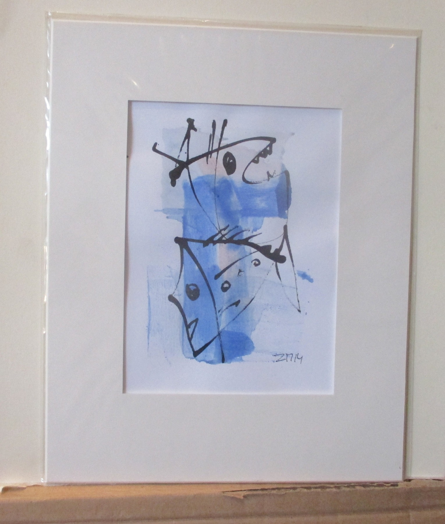expressive blaue Fische - Original Zeichnung auf Künstlerpapier -21x14cm in PP mit Bambusfeder -