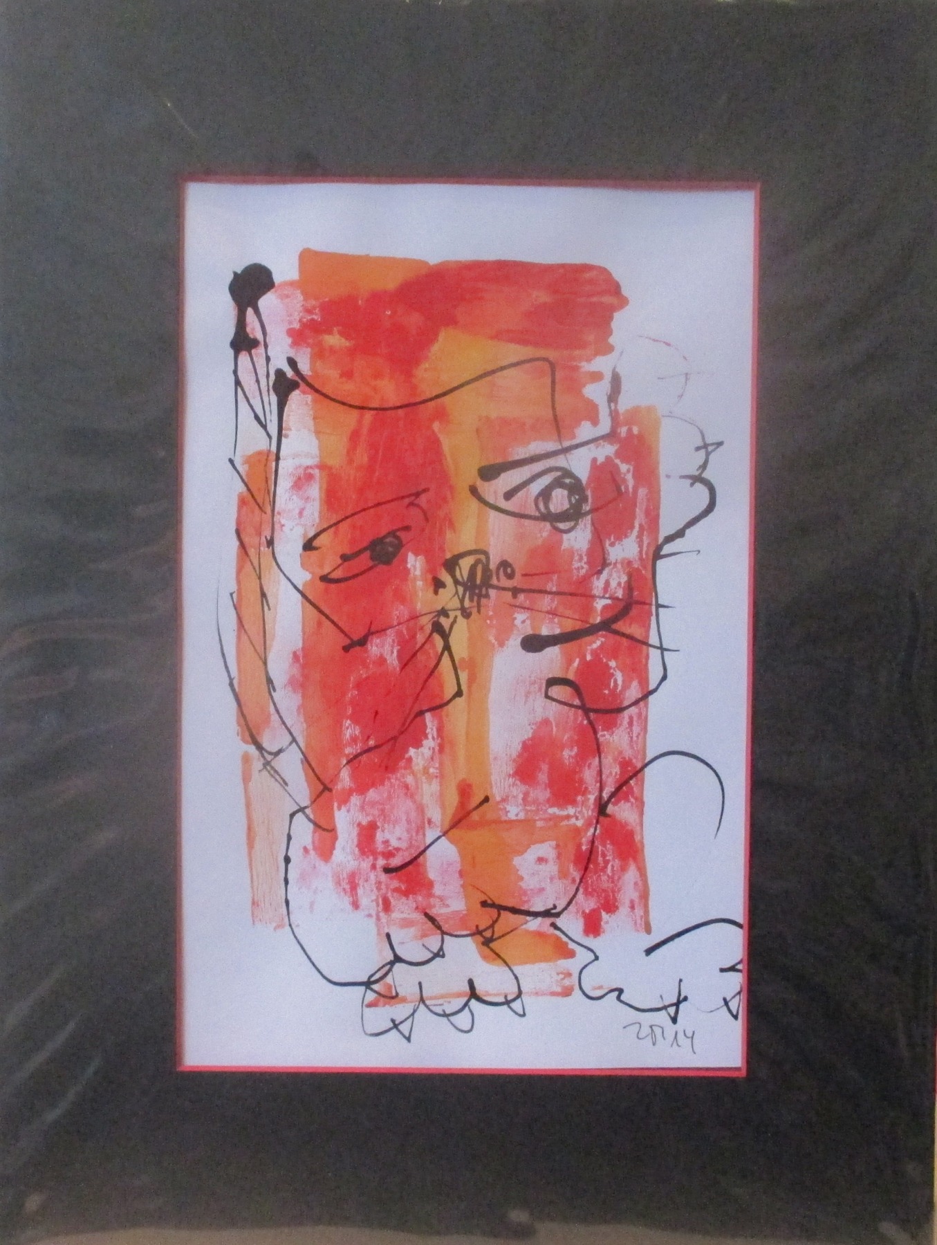 wilde rote Katze expressive Original Zeichnung auf Papier Tusche in Passepartout 40x30 3
