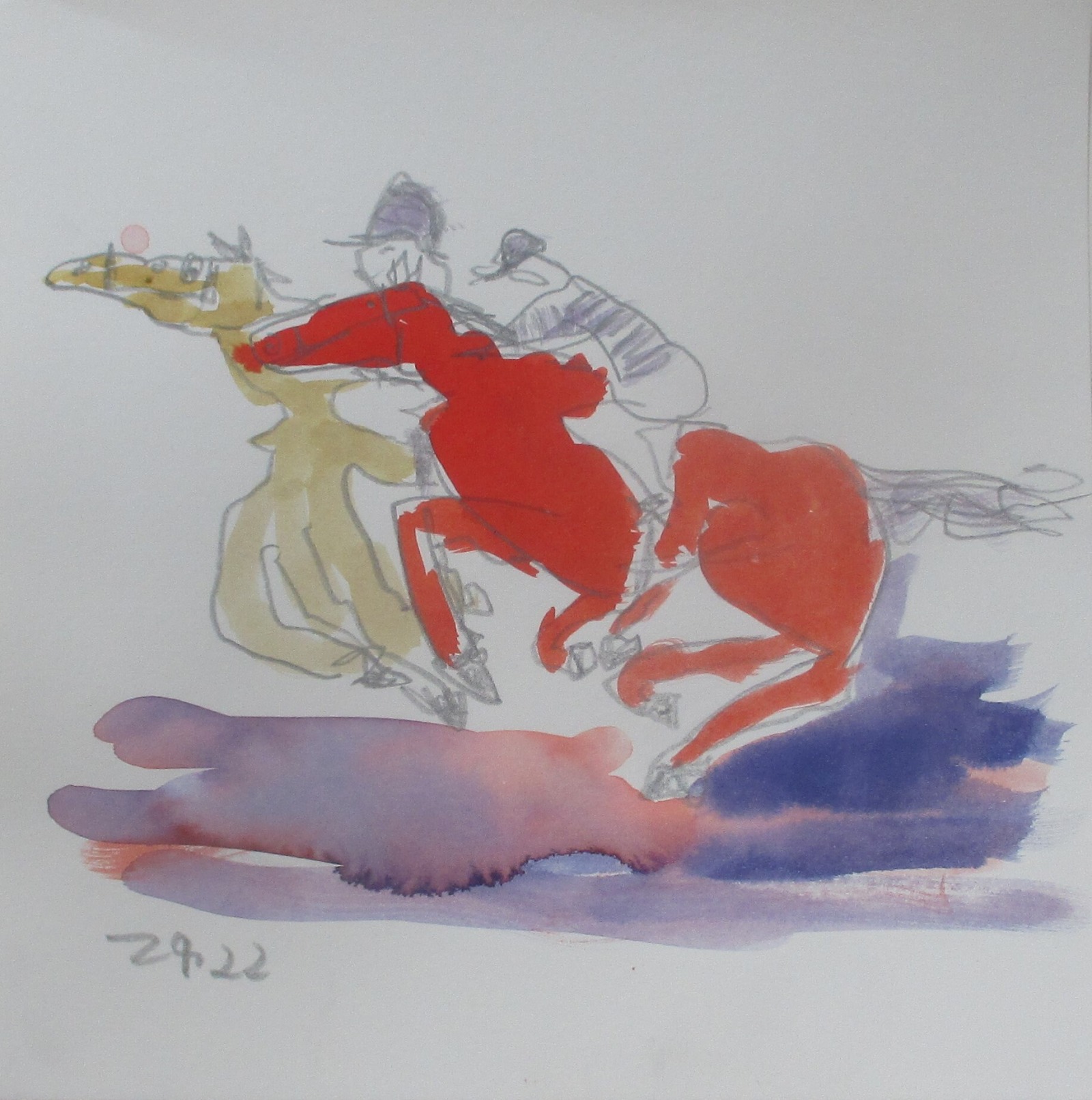 Renntag - Galopper und elegante Damen expressive Original Zeichnung auf Papier Tusche 4x20x20 cm 5