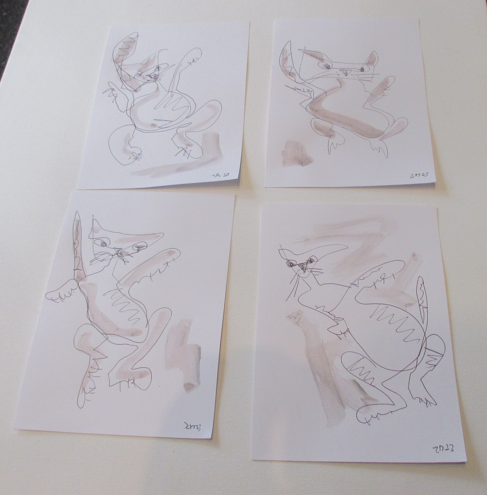 4 Katzen mit Kaffee expressive Original Zeichnung auf Papier Tusche 4x21x15 cm 3