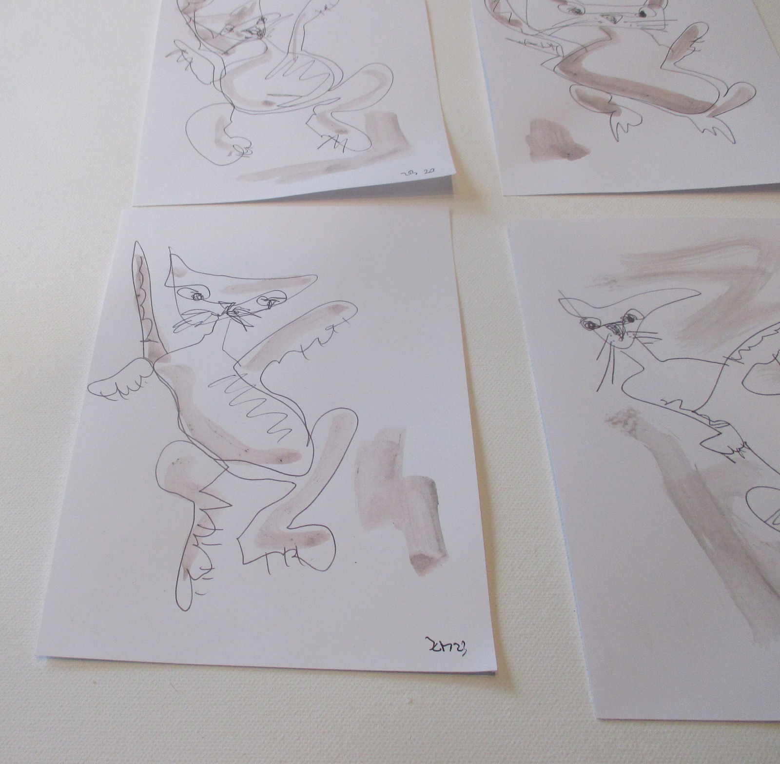 4 Katzen mit Kaffee expressive Original Zeichnung auf Papier Tusche 4x21x15 cm 5