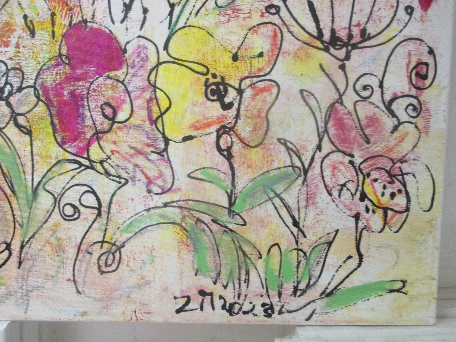 wilde Blumen expressiv gezeichnet 70x70 cm Acrylmalerei Malerei gelb pink 9