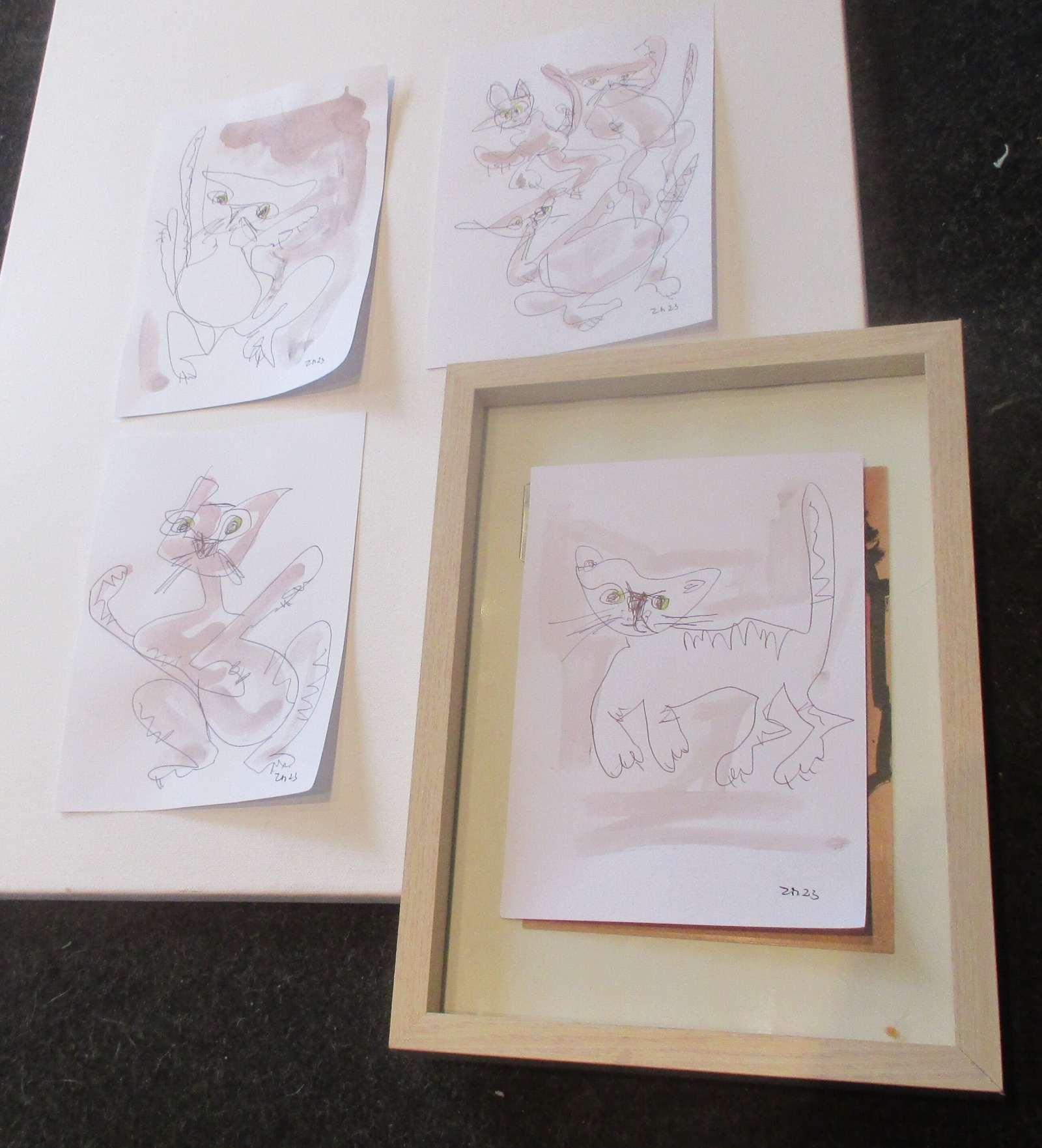 4 Katzen mit Kaffee expressive Original Zeichnung auf Papier Tusche 4x21x15 cm 2