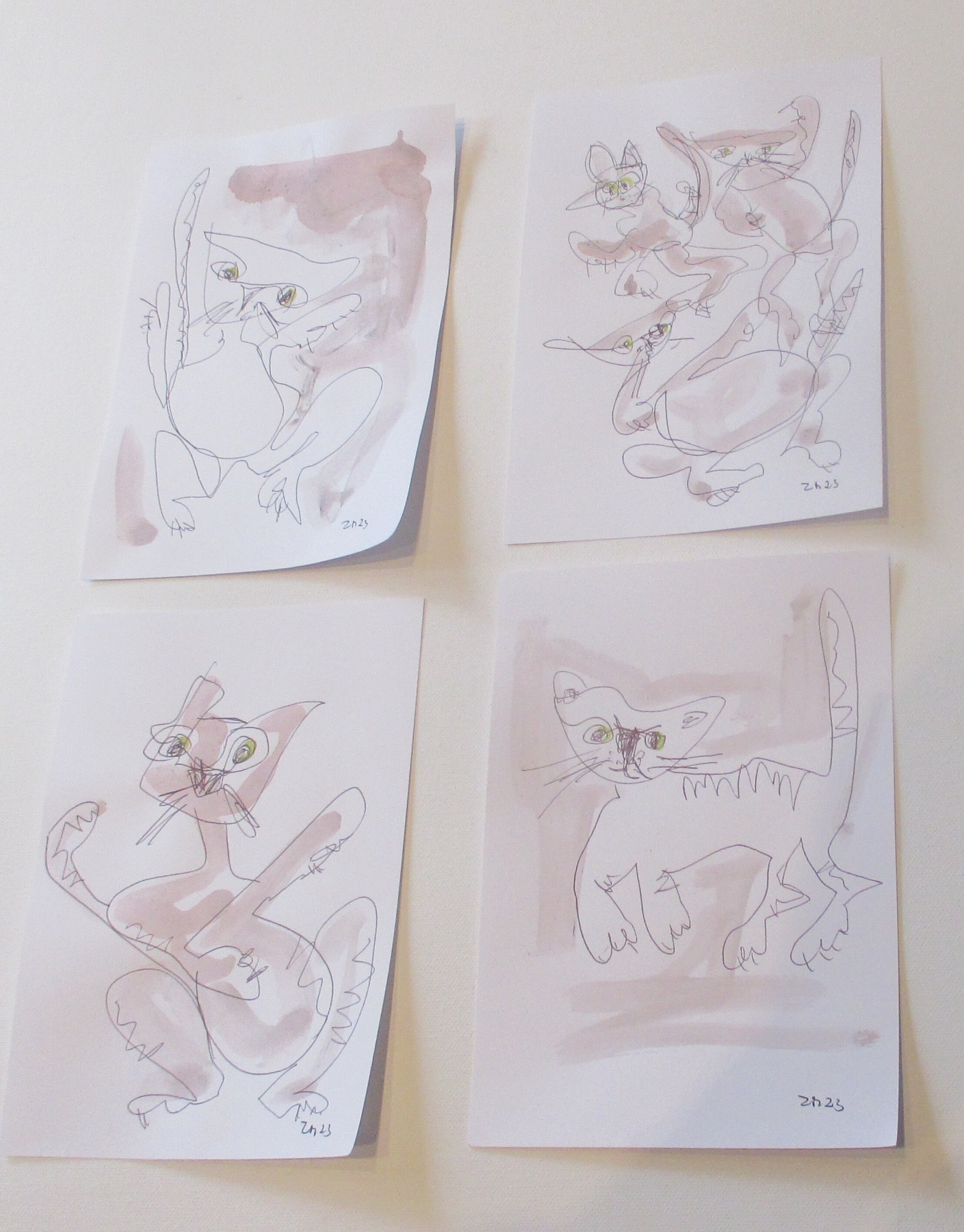 4 Katzen mit Kaffee expressive Original Zeichnung auf Papier Tusche 4x21x15 cm 4