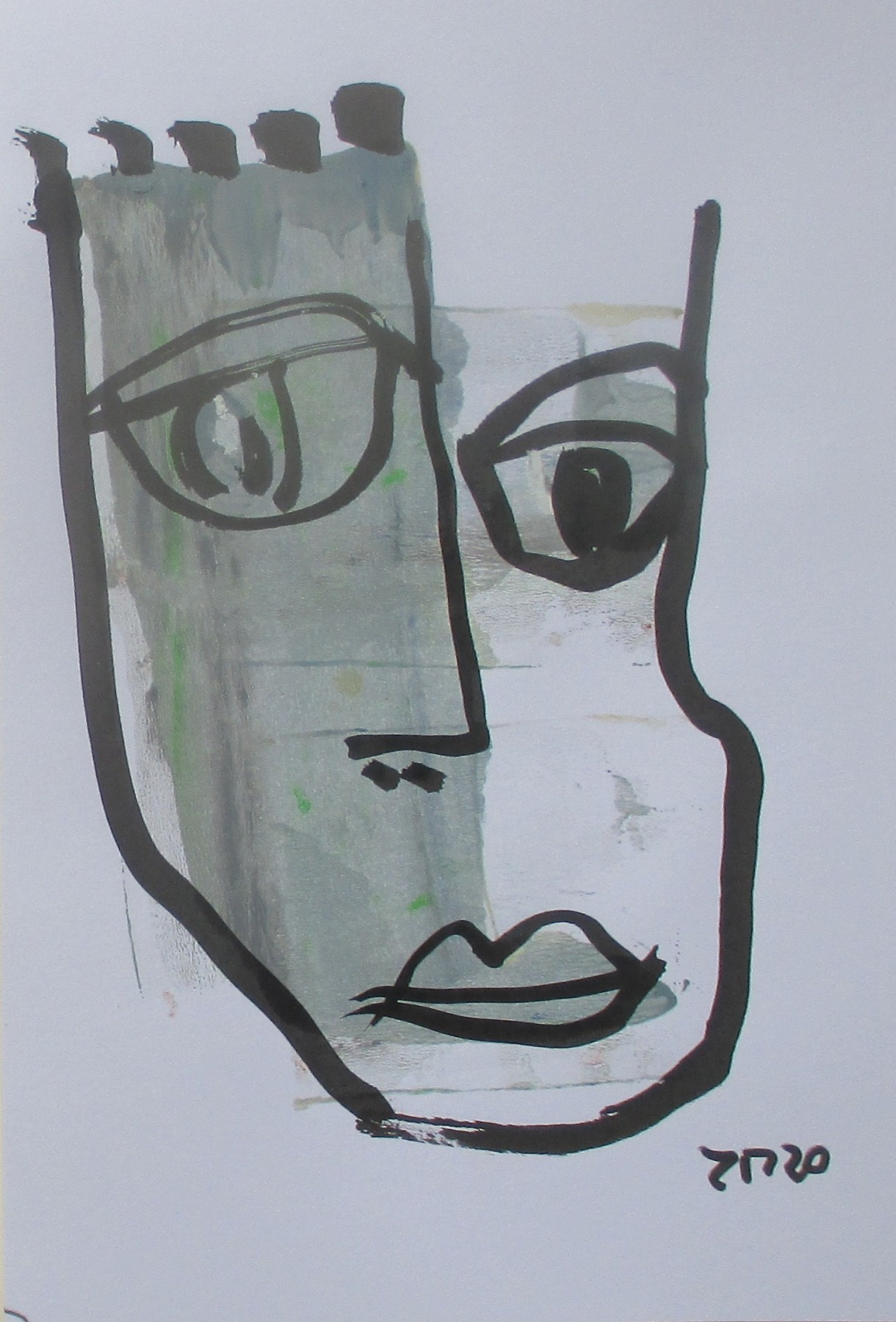 Frauenportraits expressive - 2 Zeichnungen - Tusche Gouache Aquarell 21x14 Dina5 grün grau 3
