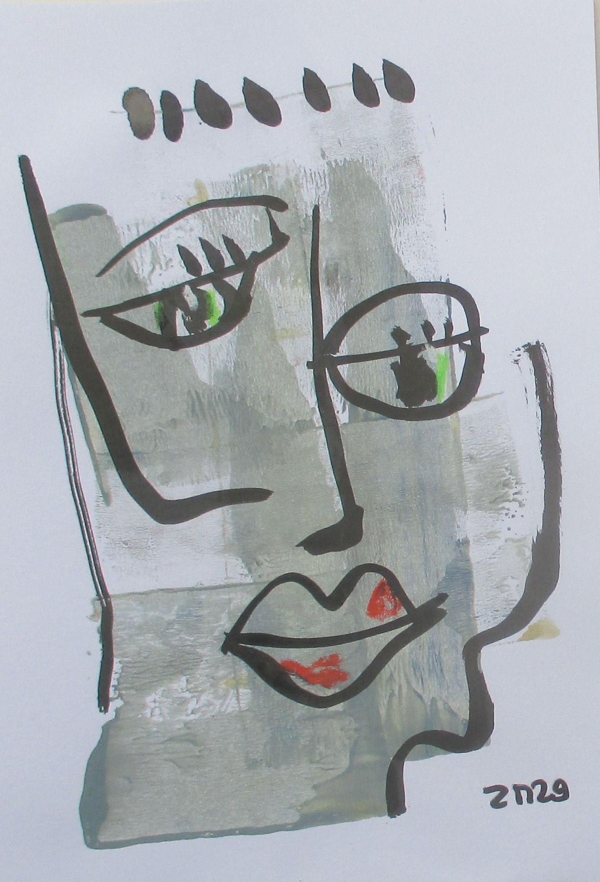 Frauenportraits expressive - 2 Zeichnungen - Tusche Gouache Aquarell 21x14 Dina5 grün grau 2