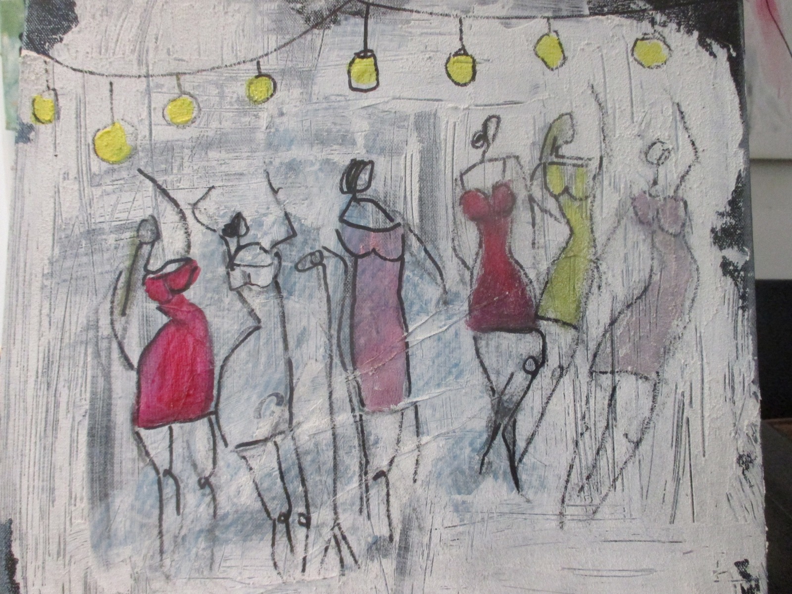 Tanzende Frauen Collage und Zeichnung von Sonja Zeltner-Müller Original 40x40cm magenta 5