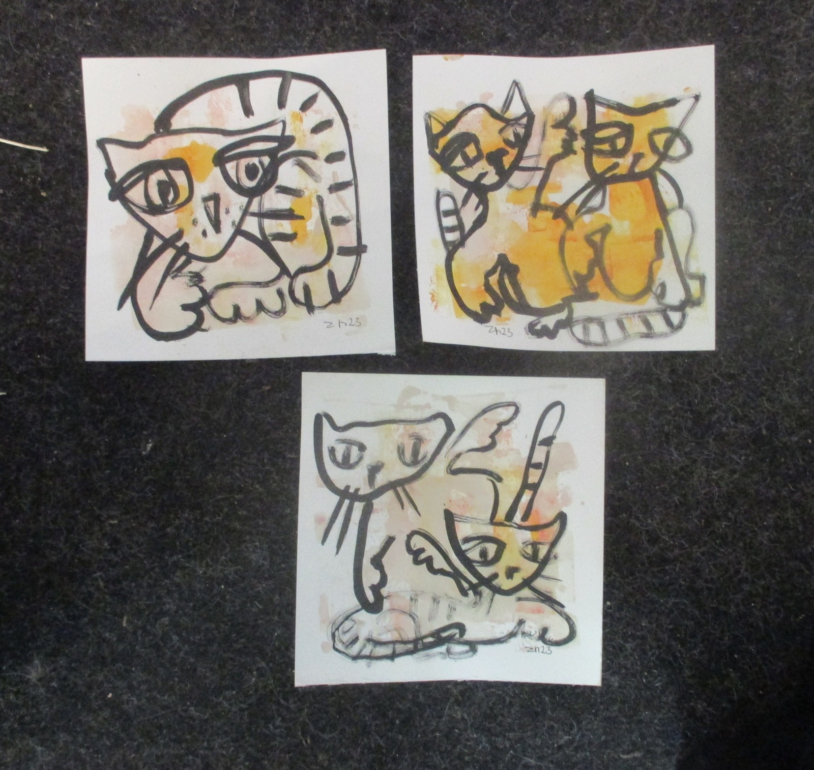 3 gelbe Katzen expressive Original Zeichnung auf Papier Tusche - 3 x 20x20 cm 2