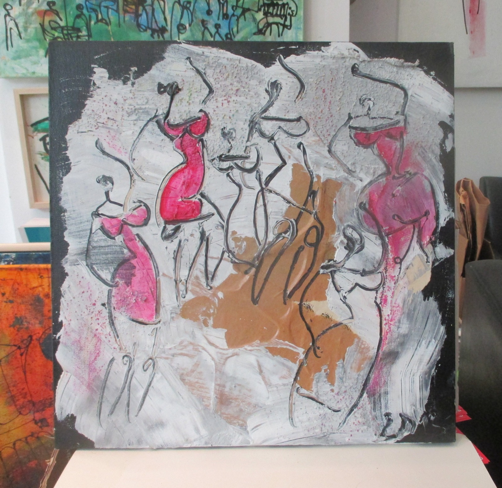 Tanzende Frauen in pink Collage und Zeichnung von Sonja Zeltner-Müller Original 40x40cm magenta 2