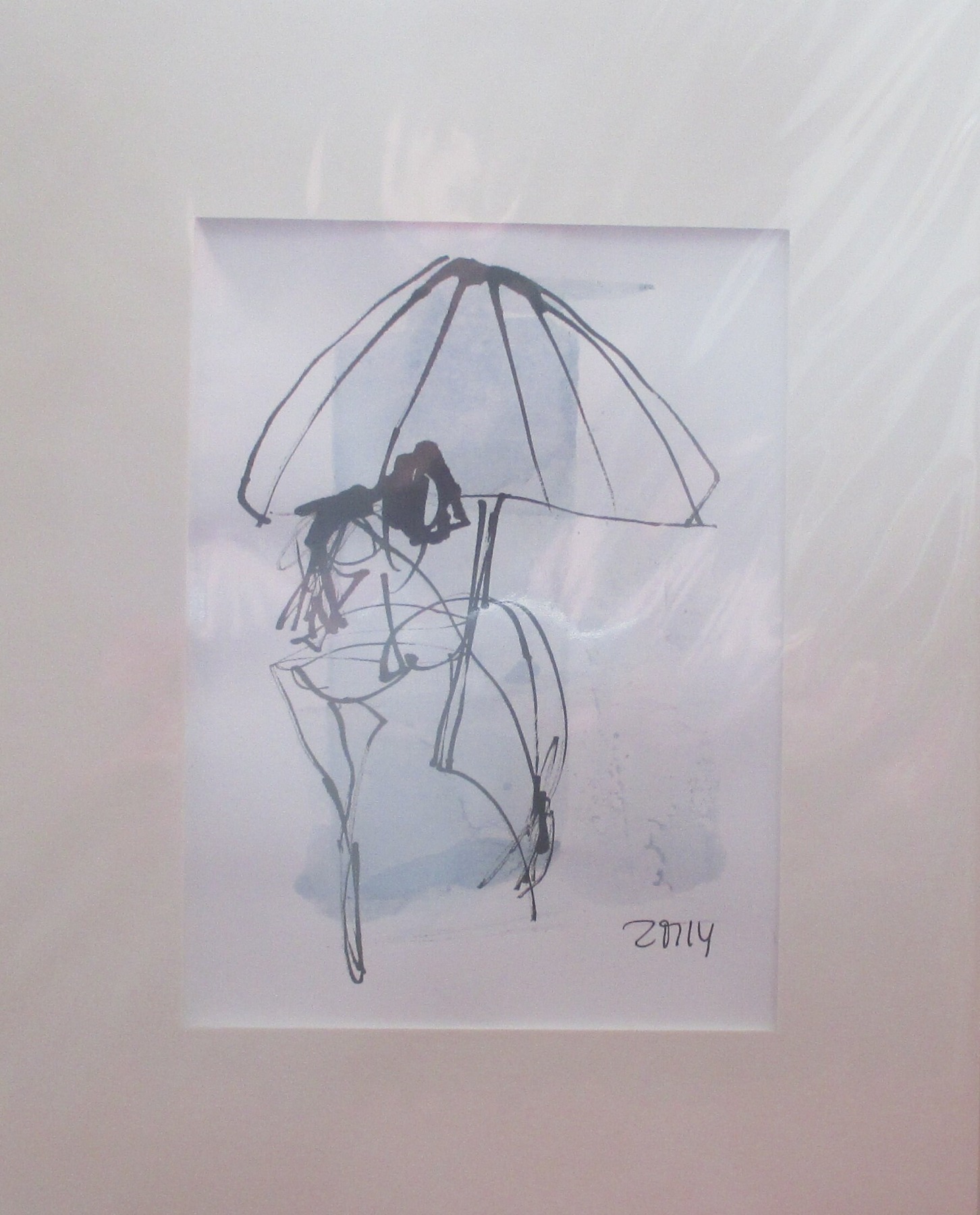 Paar unter Schirm Original Zeichnung auf Künstlerpapier 30x24 cm in PP mit Bambusfeder - farbige