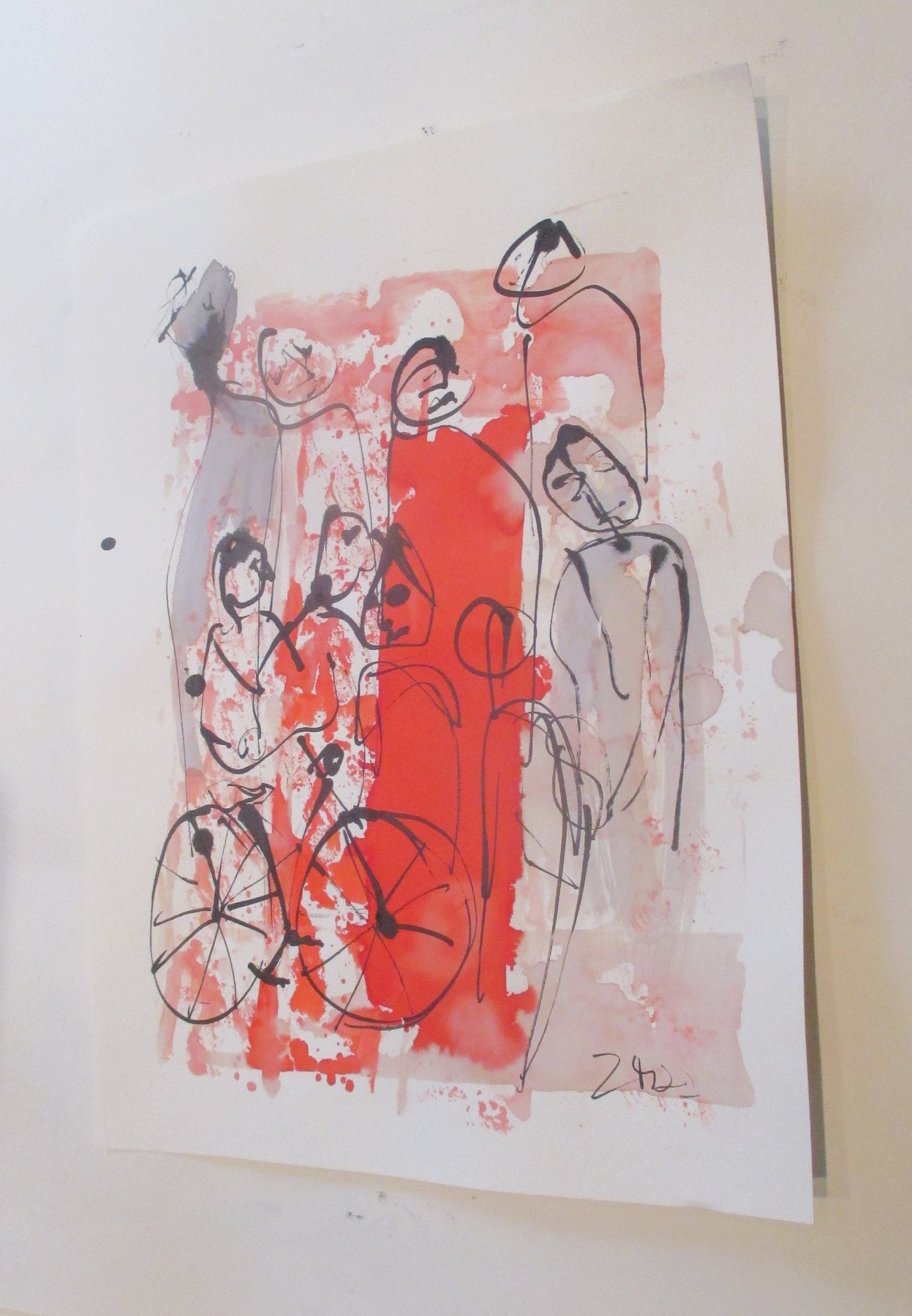 Leute mit Fahrrad Original Zeichnung beigem Künstlerpapier - mit Bambusfeder - farbige Tuschen -