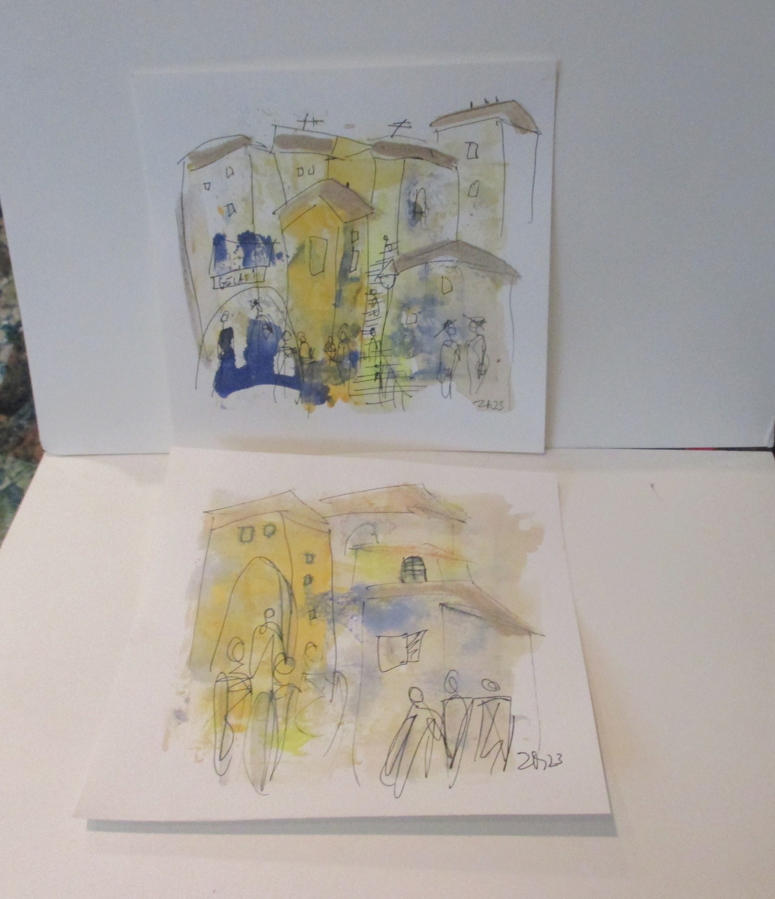 2 kleine Städte Italien Original Zeichnung auf Künstlerpapier 2 x20x20 Acryl farbige Tuschen-