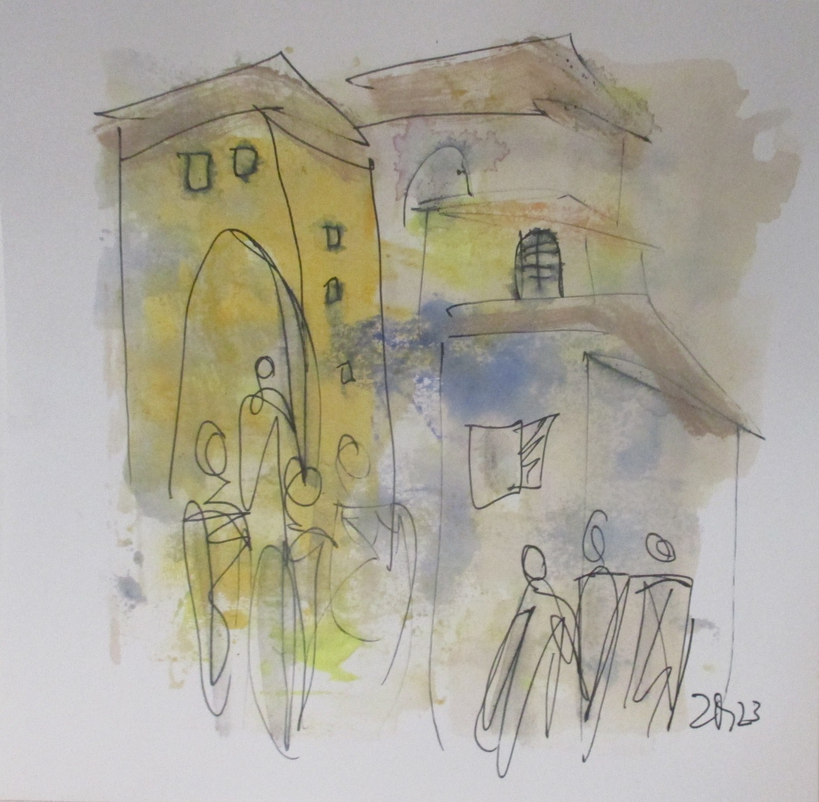 2 kleine Städte Italien Original Zeichnung auf Künstlerpapier 2 x20x20 Acryl farbige Tuschen- 4