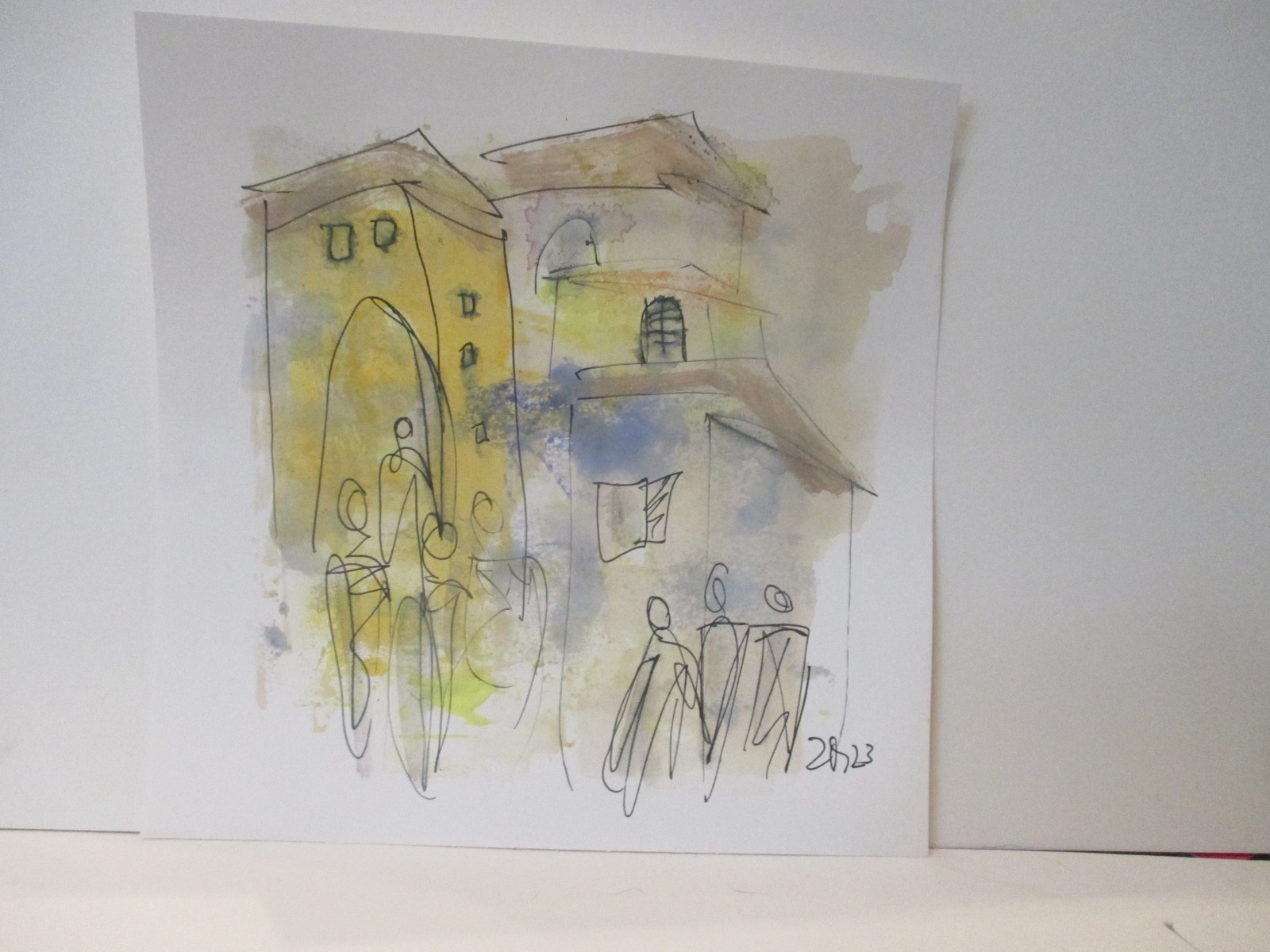 2 kleine Städte Italien Original Zeichnung auf Künstlerpapier 2 x20x20 Acryl farbige Tuschen- 5