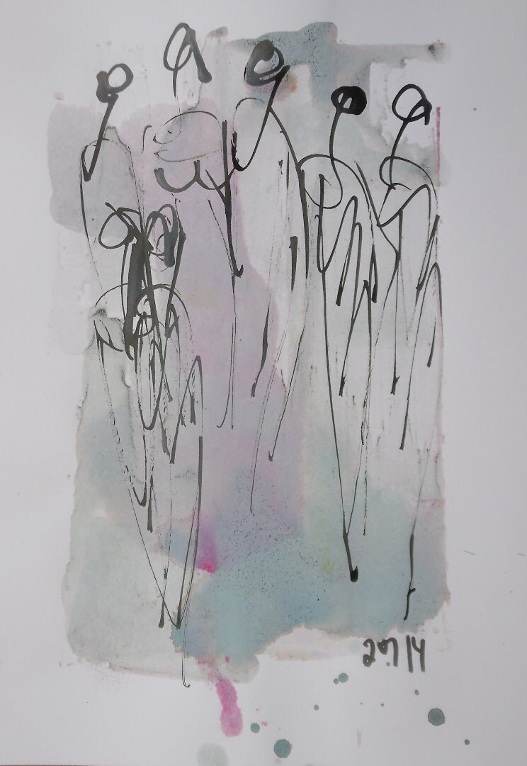 Tanz - Original Zeichnung auf weißem Künstlerpapier - mit Bambusfeder - farbige Tuschen -