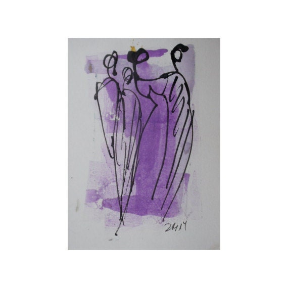 Frauen - Original Zeichnung auf Künstlerpapier 21x14cm mit Bambusfeder - farbige Tuschen-violett -