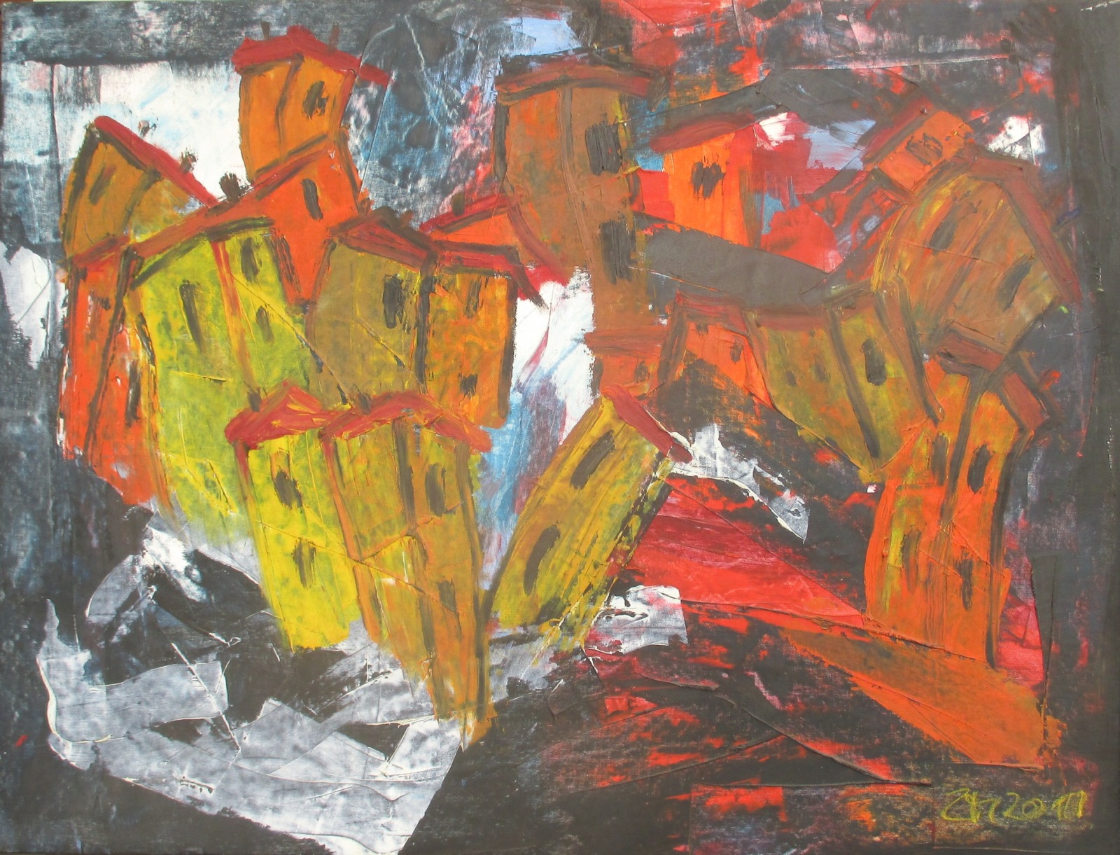Italien Dorfszene Ölbild gelb-rot mediterrane Landschaft xl Kunstmuellerei