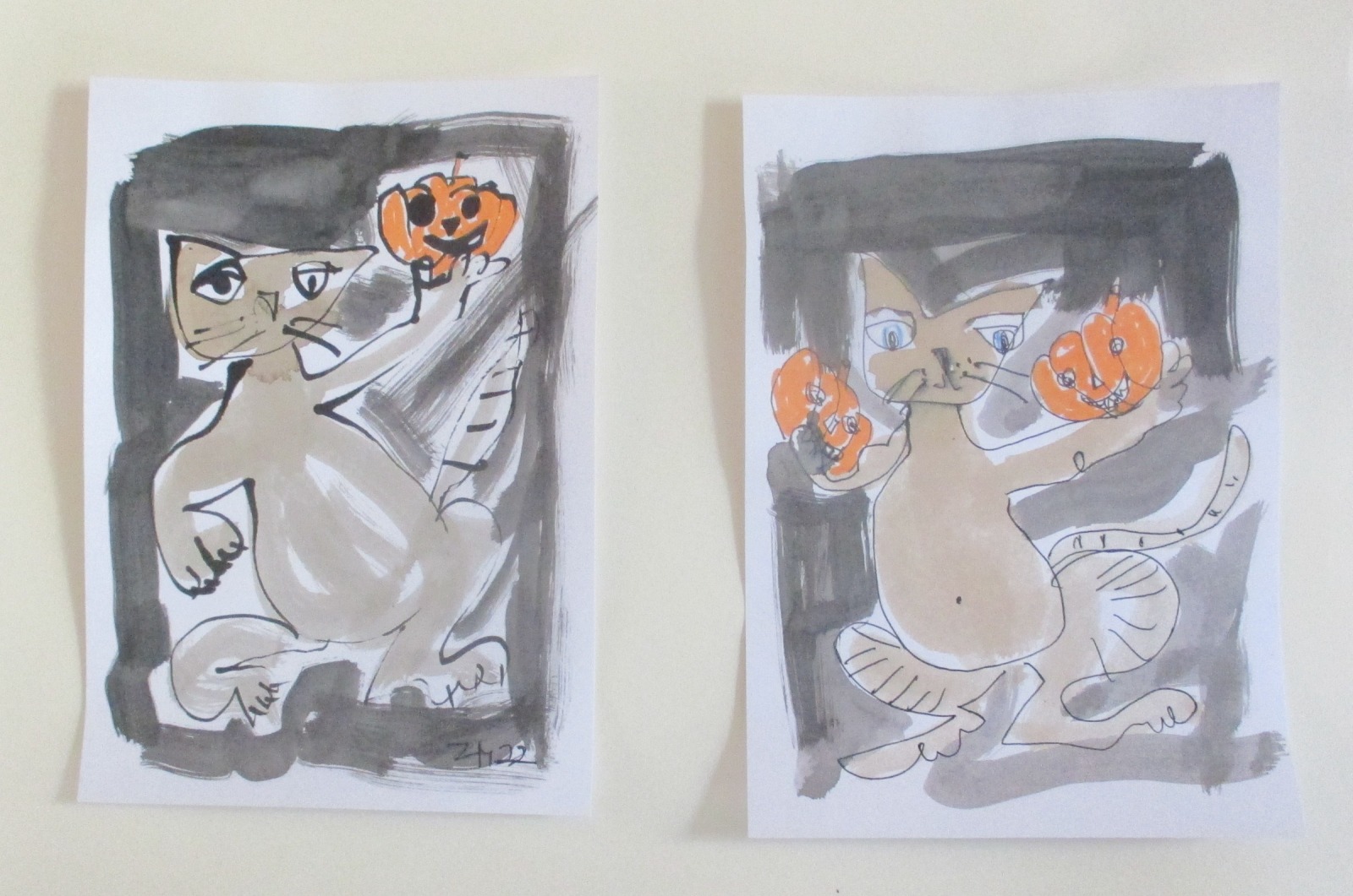 Halloween Cats Katze mit Kürbissen Original Zeichnungen Kaffee Unikat Tusche Zeichnungen 3