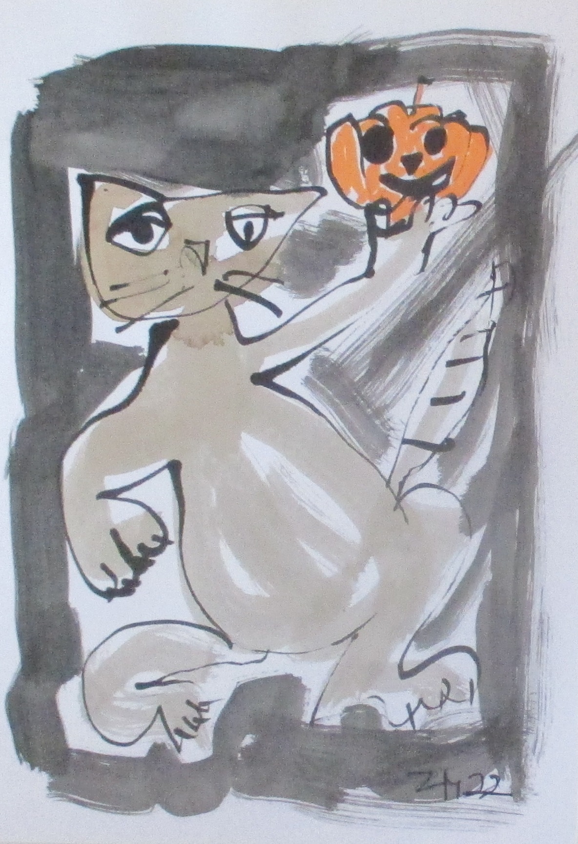 Halloween Cats Katze mit Kürbissen Original Zeichnungen Kaffee Unikat Tusche Zeichnungen