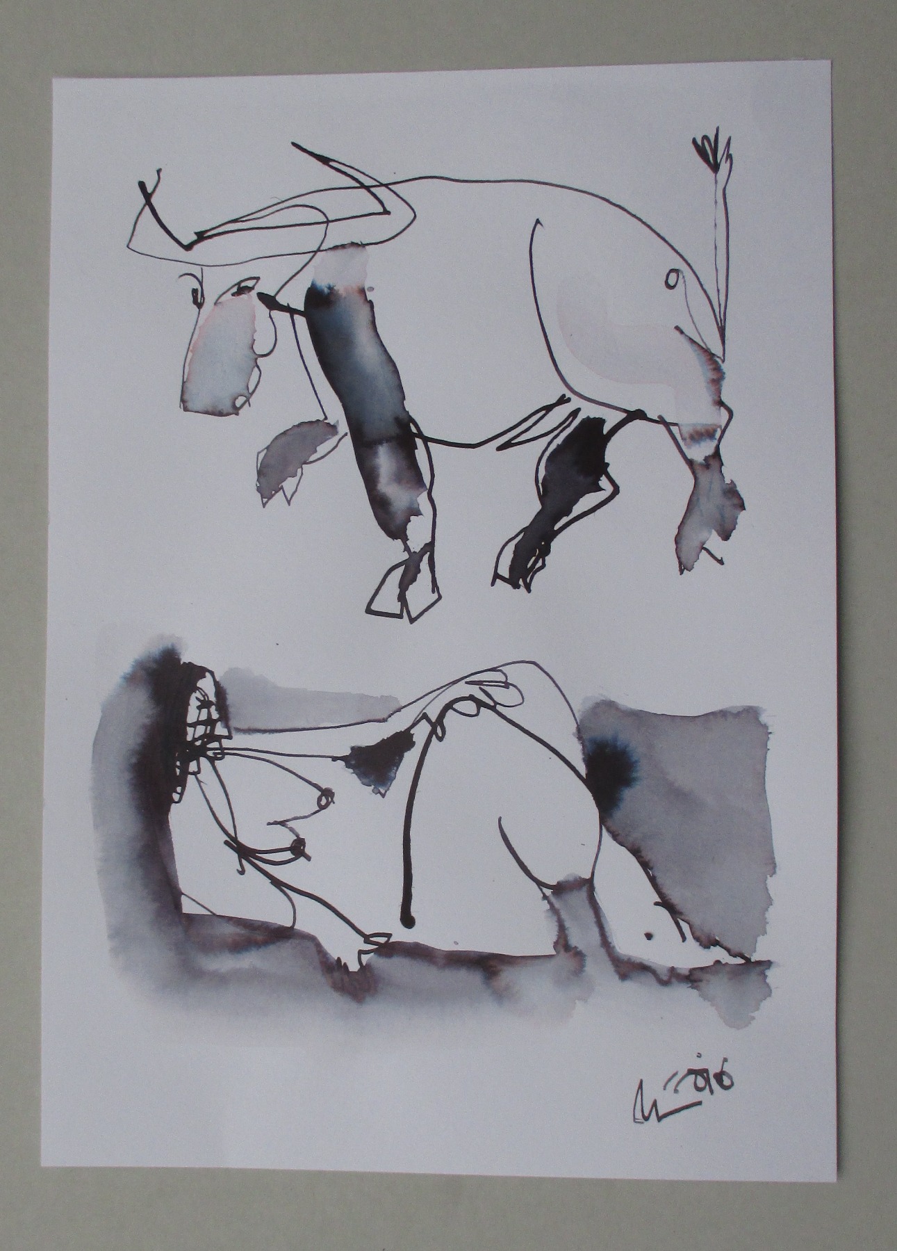 Akt mit Stier in Original-Zeichnung 30x21 cm auf Papier Acryltusche 2