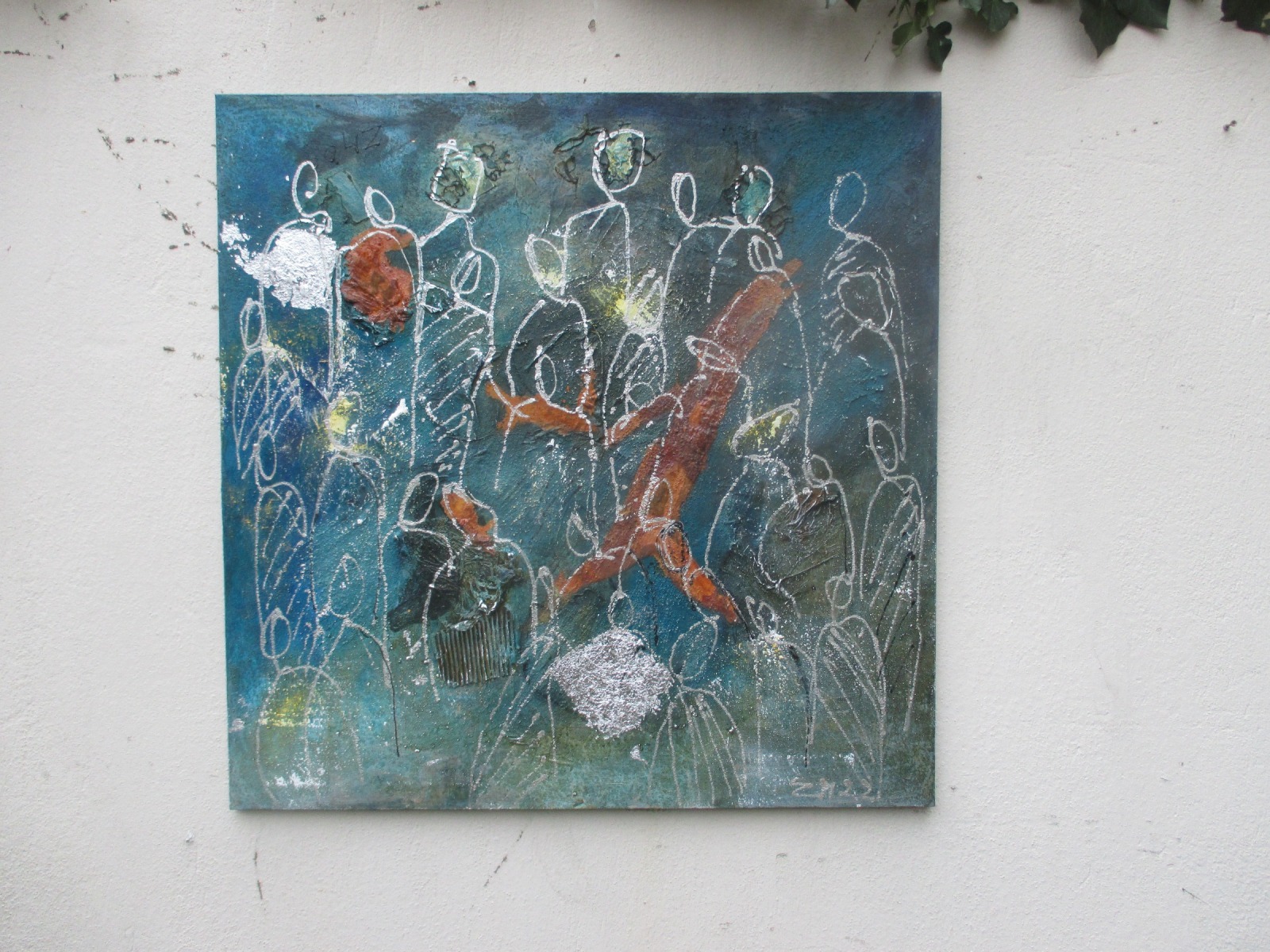 abstrakte Menschen in rost 100x100 cm Ölmalerei Collage expressive Malerei blau 2