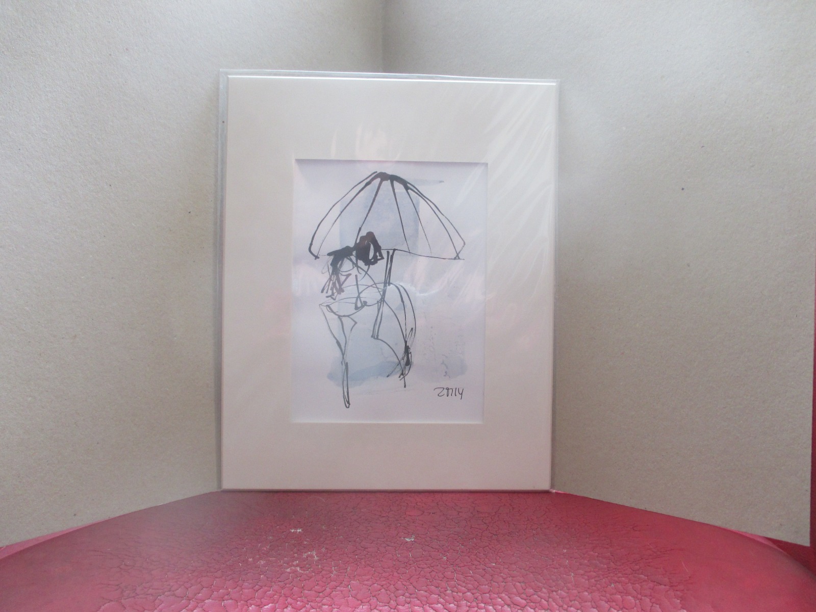 im Regen Paar mit Schirm Original Zeichnung in Passepartout 24x30 cm 4