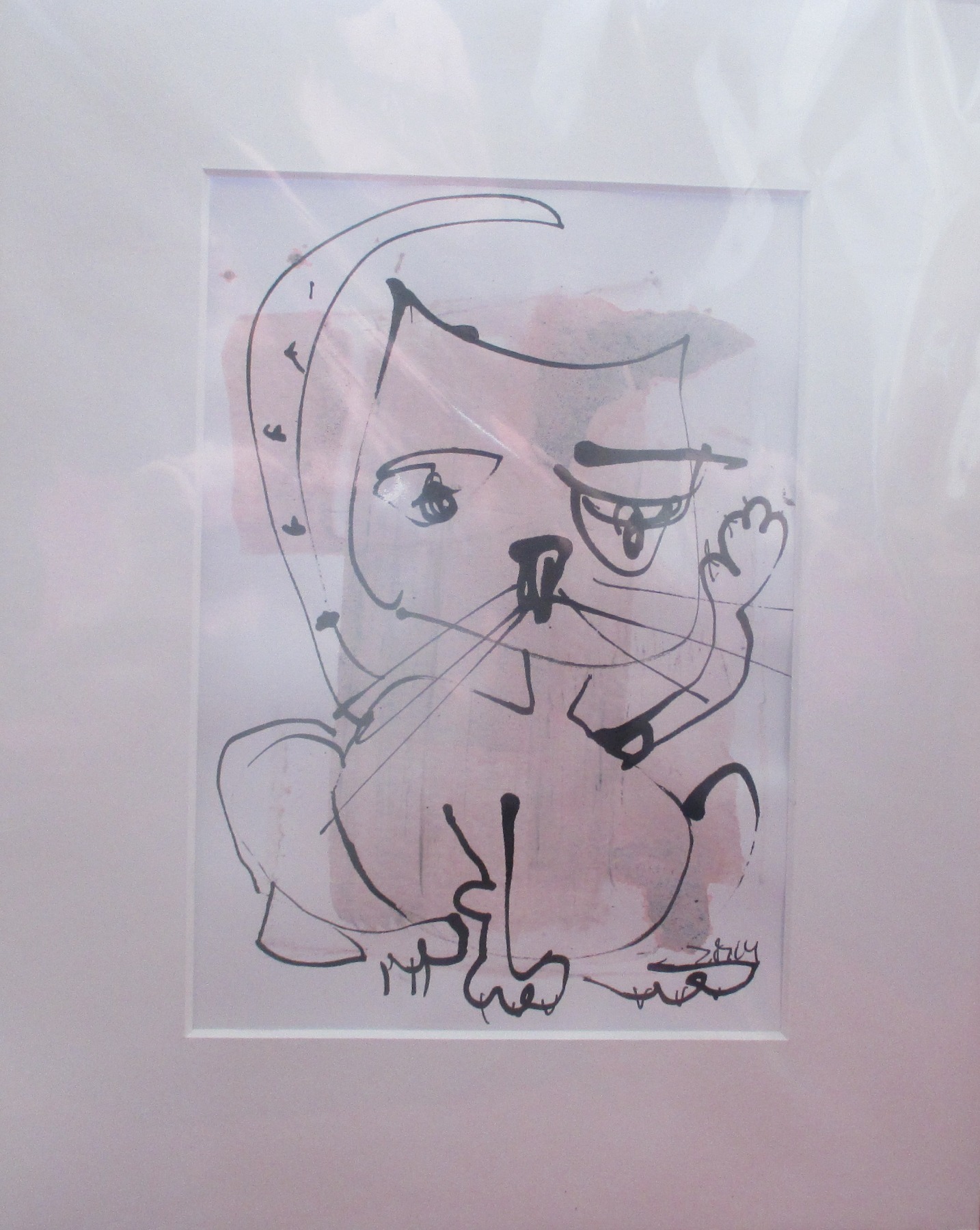 Katze mit rosa Original Zeichnung in Passepartout 24x30 cm 3