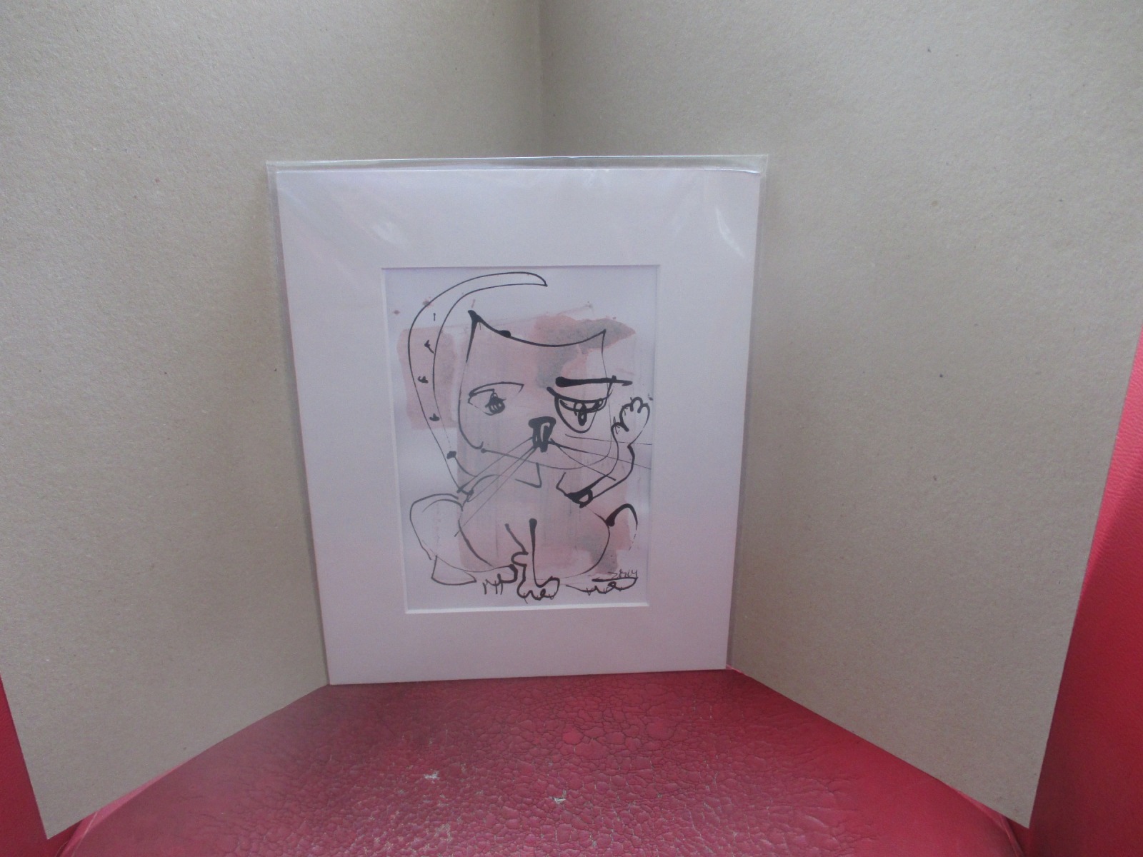 Katze mit rosa Original Zeichnung in Passepartout 24x30 cm 4