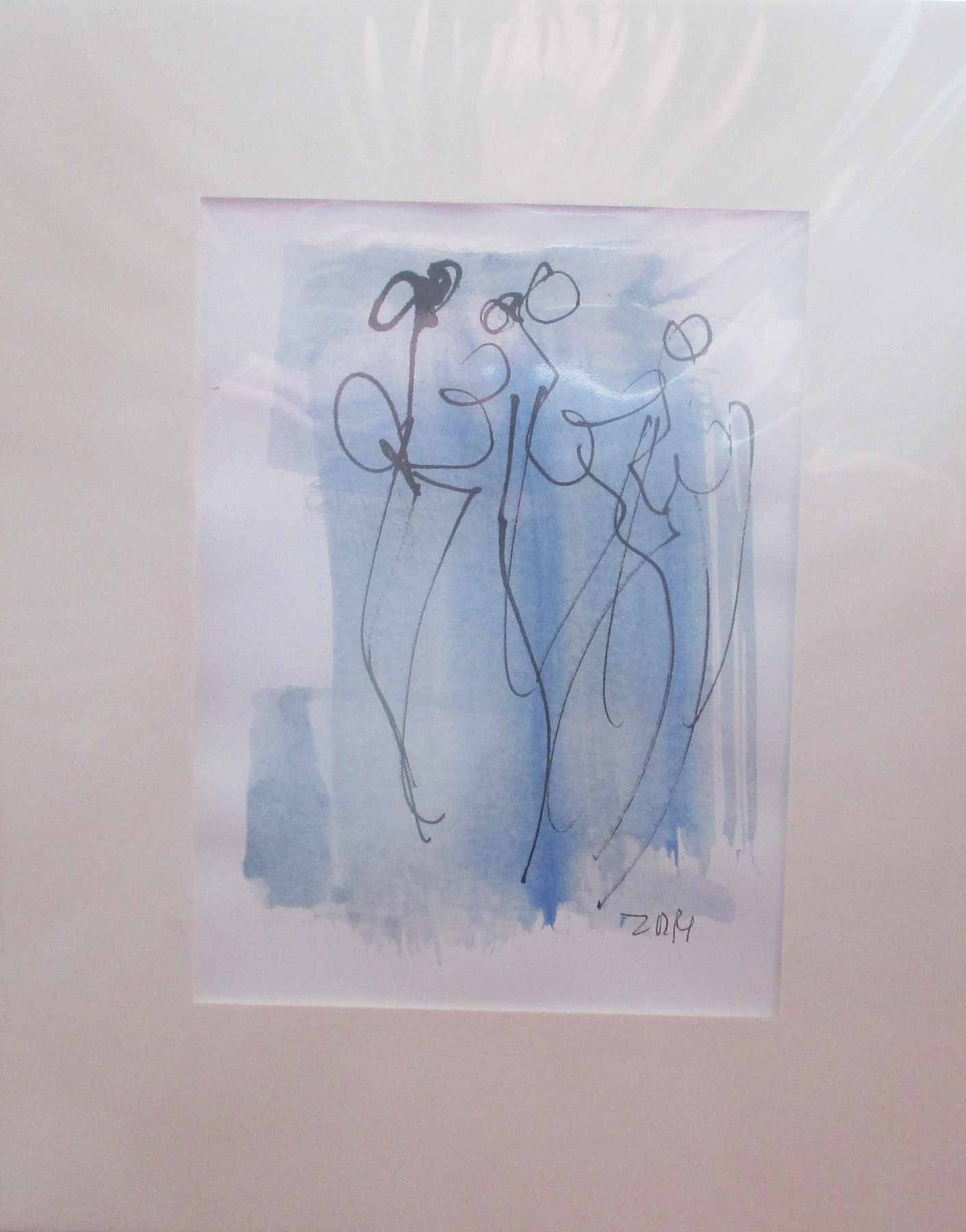 Frauen mit blau Original Zeichnung in Passepartout 24x30 cm 3