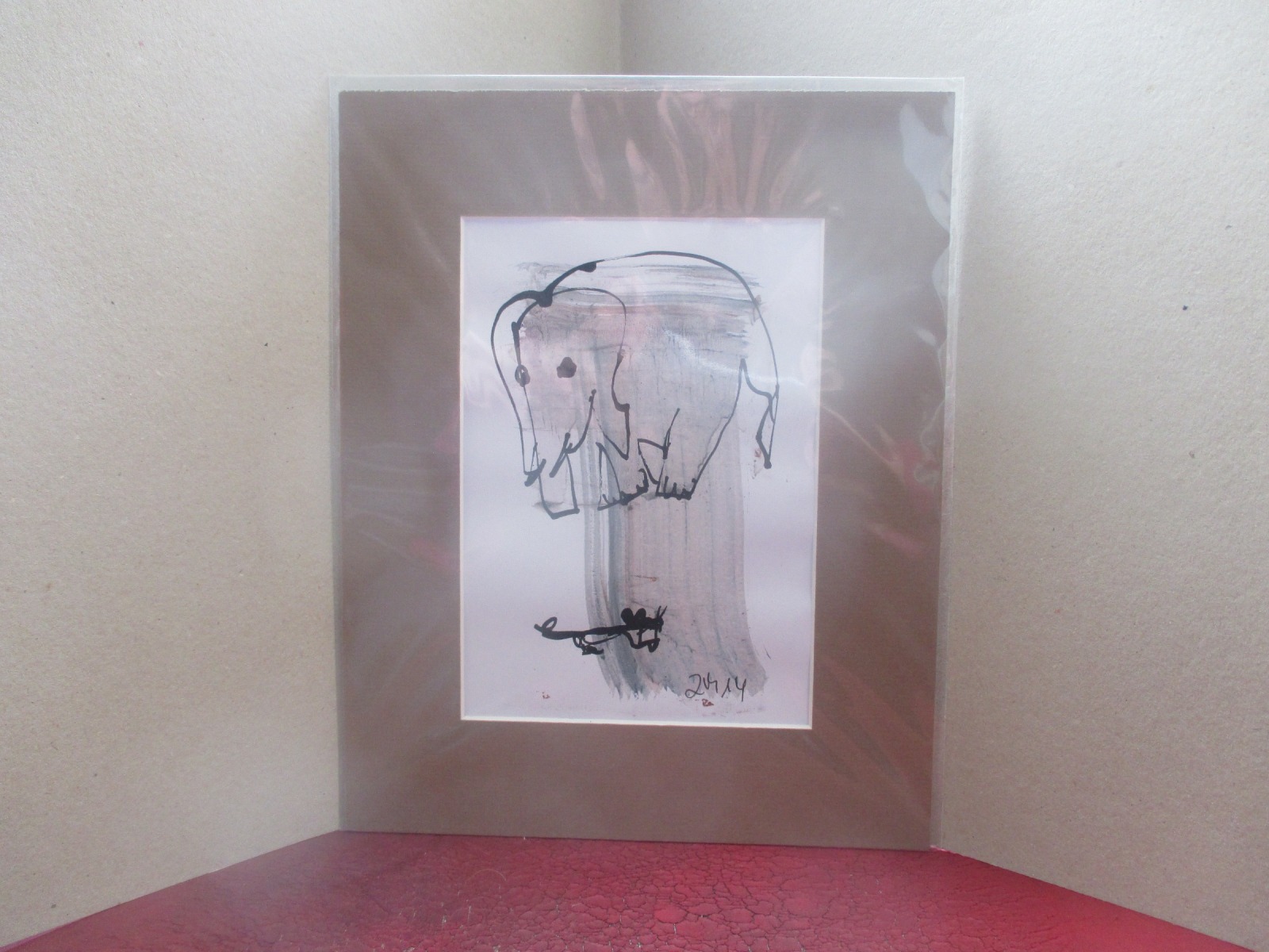 Elefant mit Maus Original Zeichnung in Passepartout 24x30 cm 4