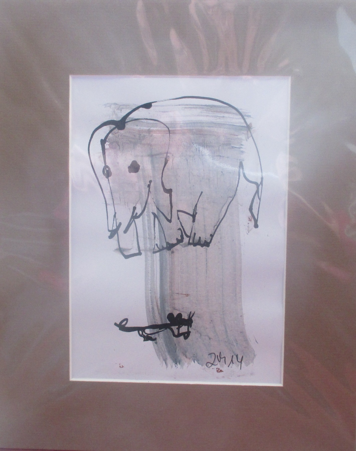 Elefant mit Maus Original Zeichnung in Passepartout 24x30 cm 3