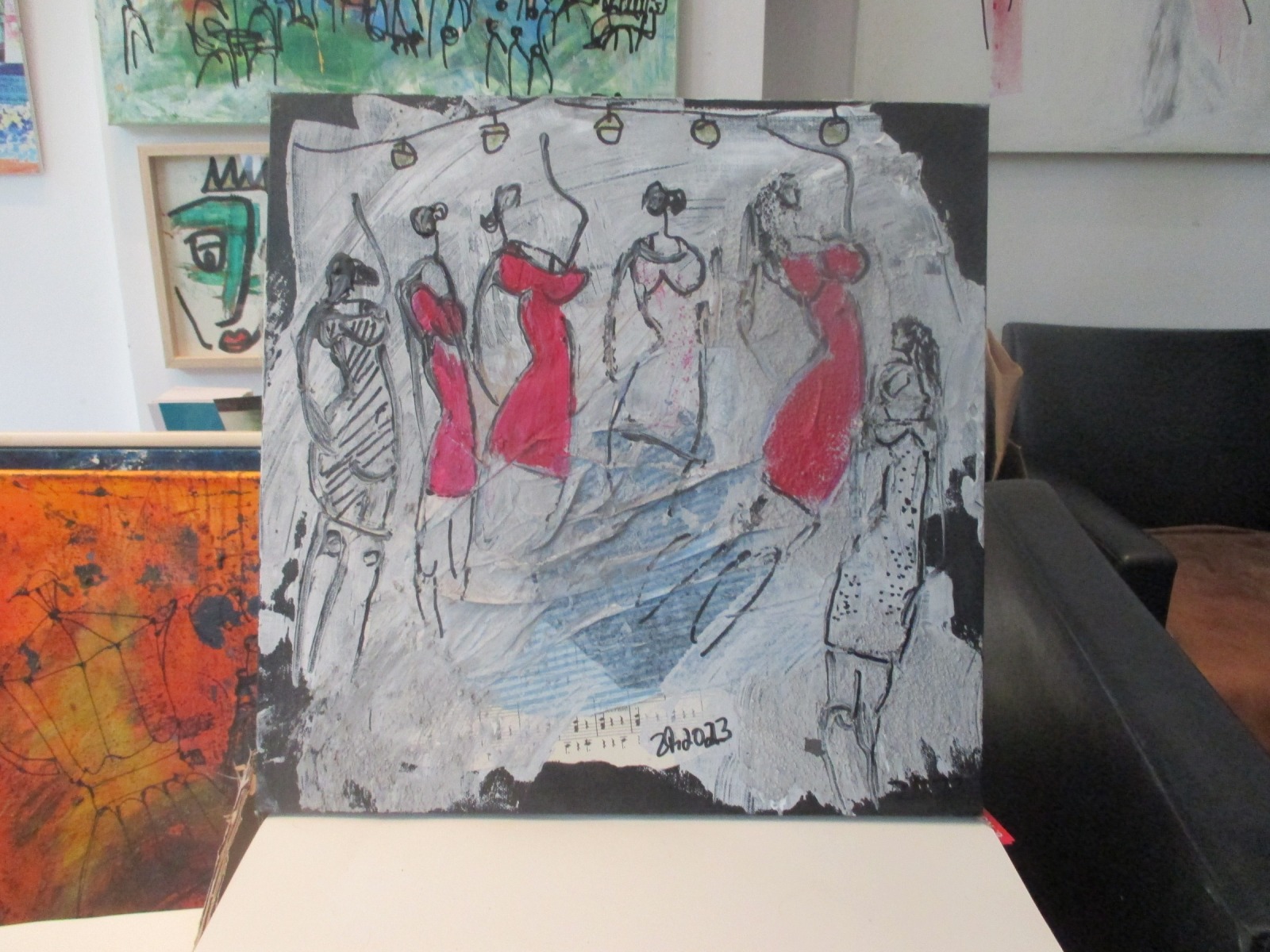 Tanzende Frauen in pink 2 Collage und Zeichnung von Sonja Zeltner-Müller Original 40x40cm magenta 3