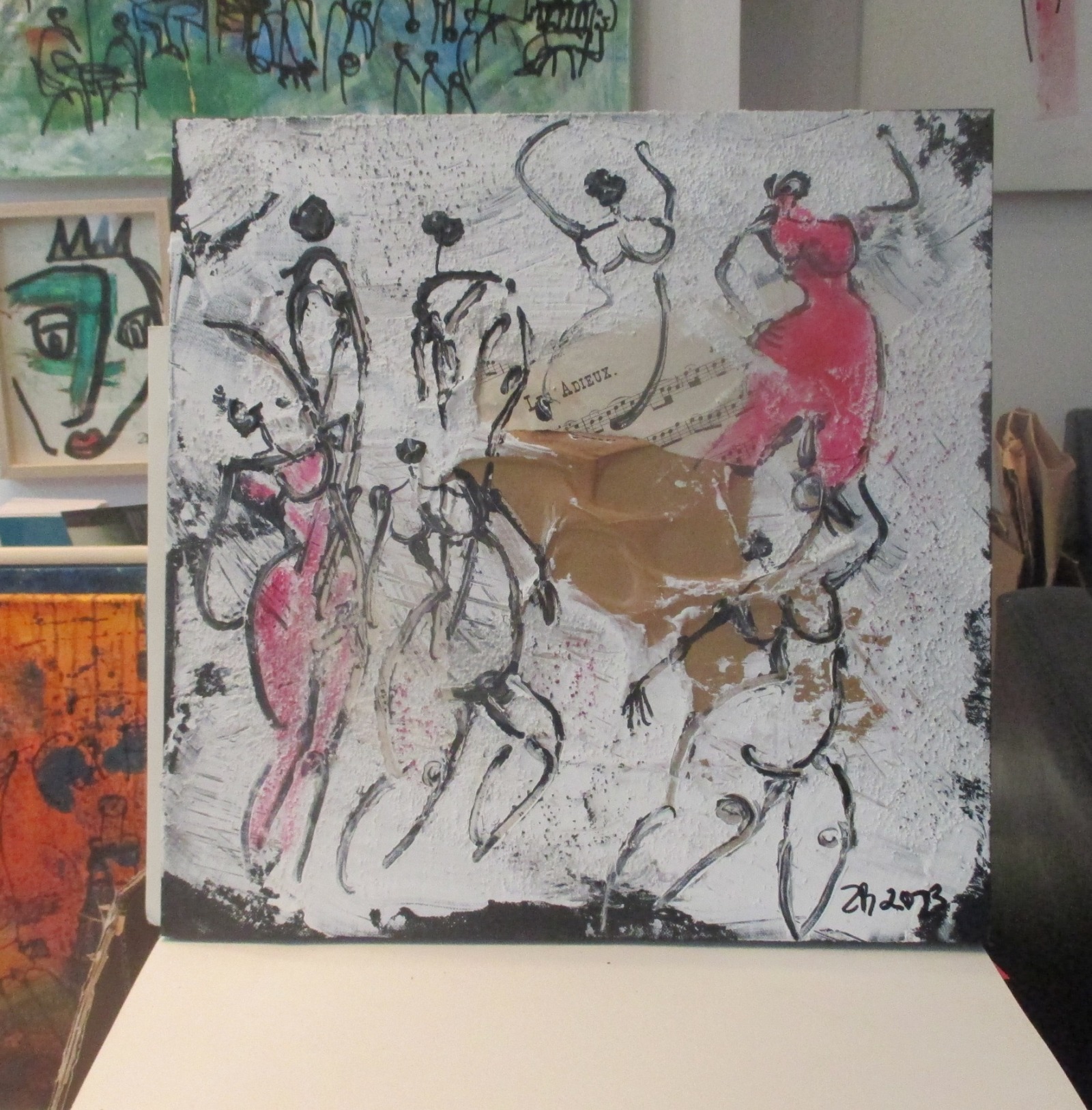 Tanzende Frauen in grau 2 Collage und Zeichnung von Sonja Zeltner-Müller Original 40x40cm magenta 2