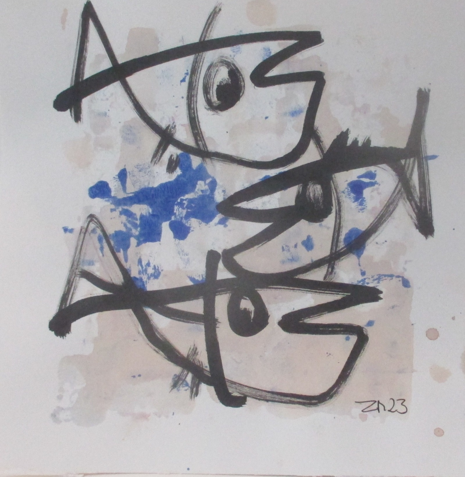 2 x blaue Fische Original Zeichnung auf Künstlerpapier 20x20cm expressiv - mit Acryl gezeichnet 3