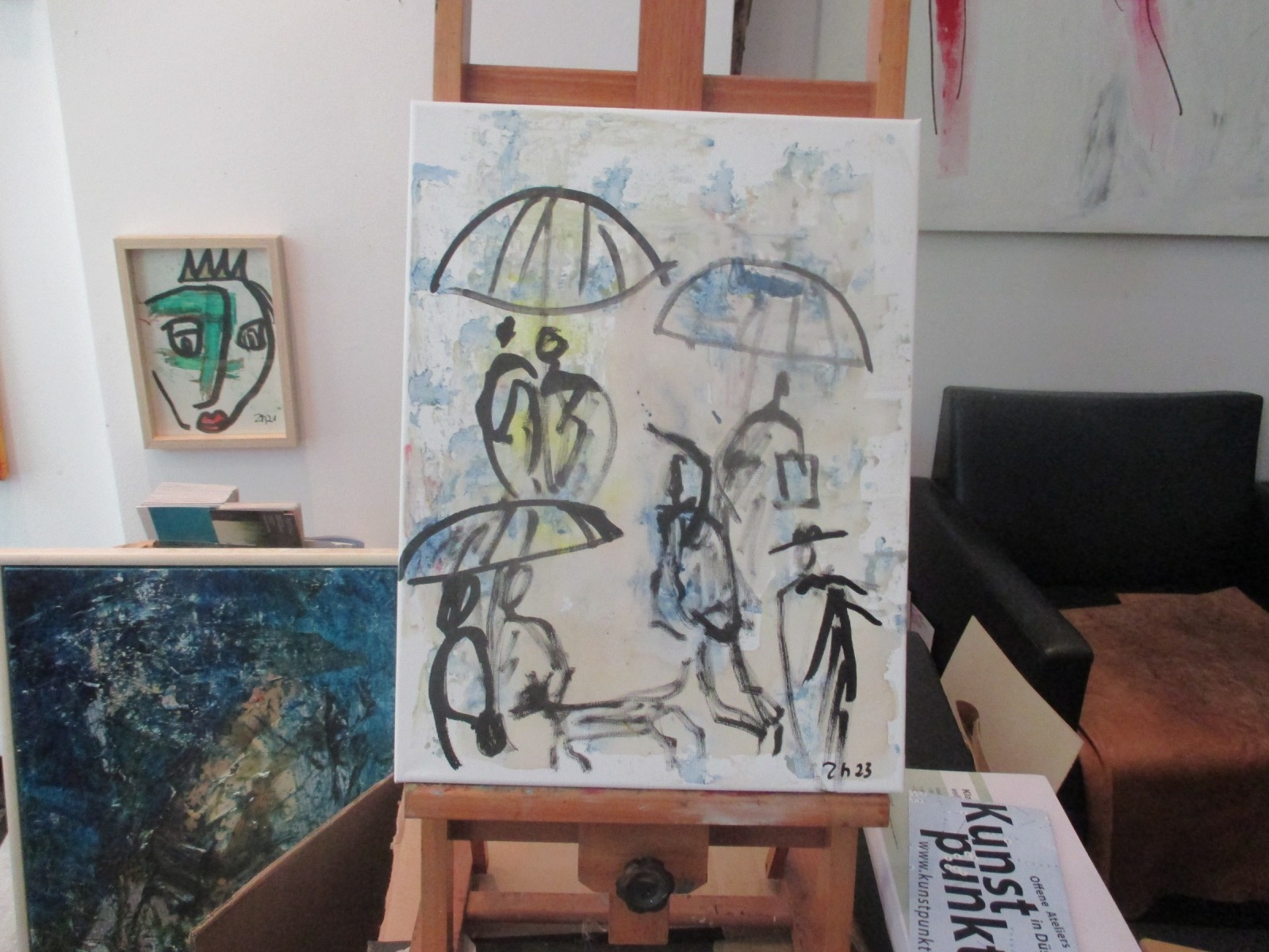 Leute im Regen expressive Leinwand / Zeichnung 40x30 cm auf Leinwand original 3