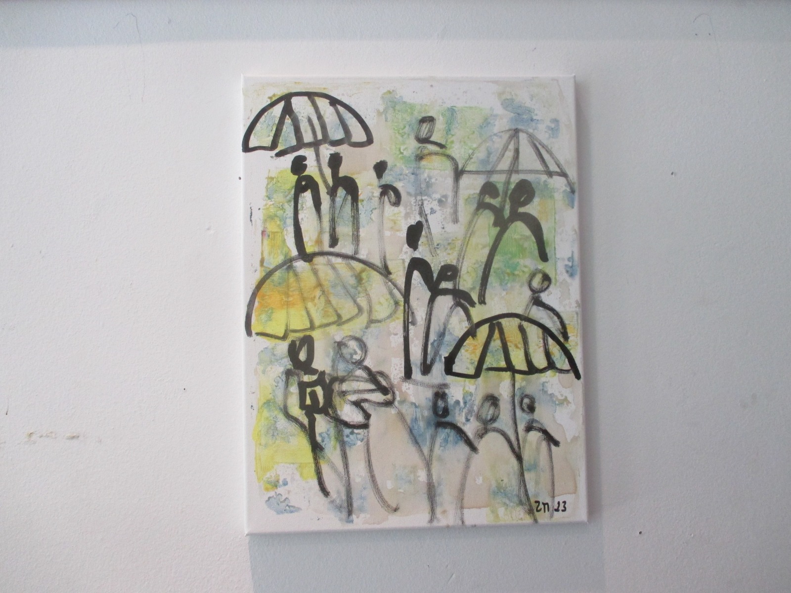 Schirme im Regen expressive Leinwand / Zeichnung 40x30 cm auf Leinwand original 4