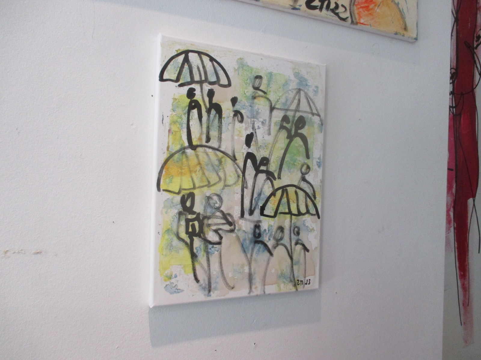Schirme im Regen expressive Leinwand / Zeichnung 40x30 cm auf Leinwand original 5