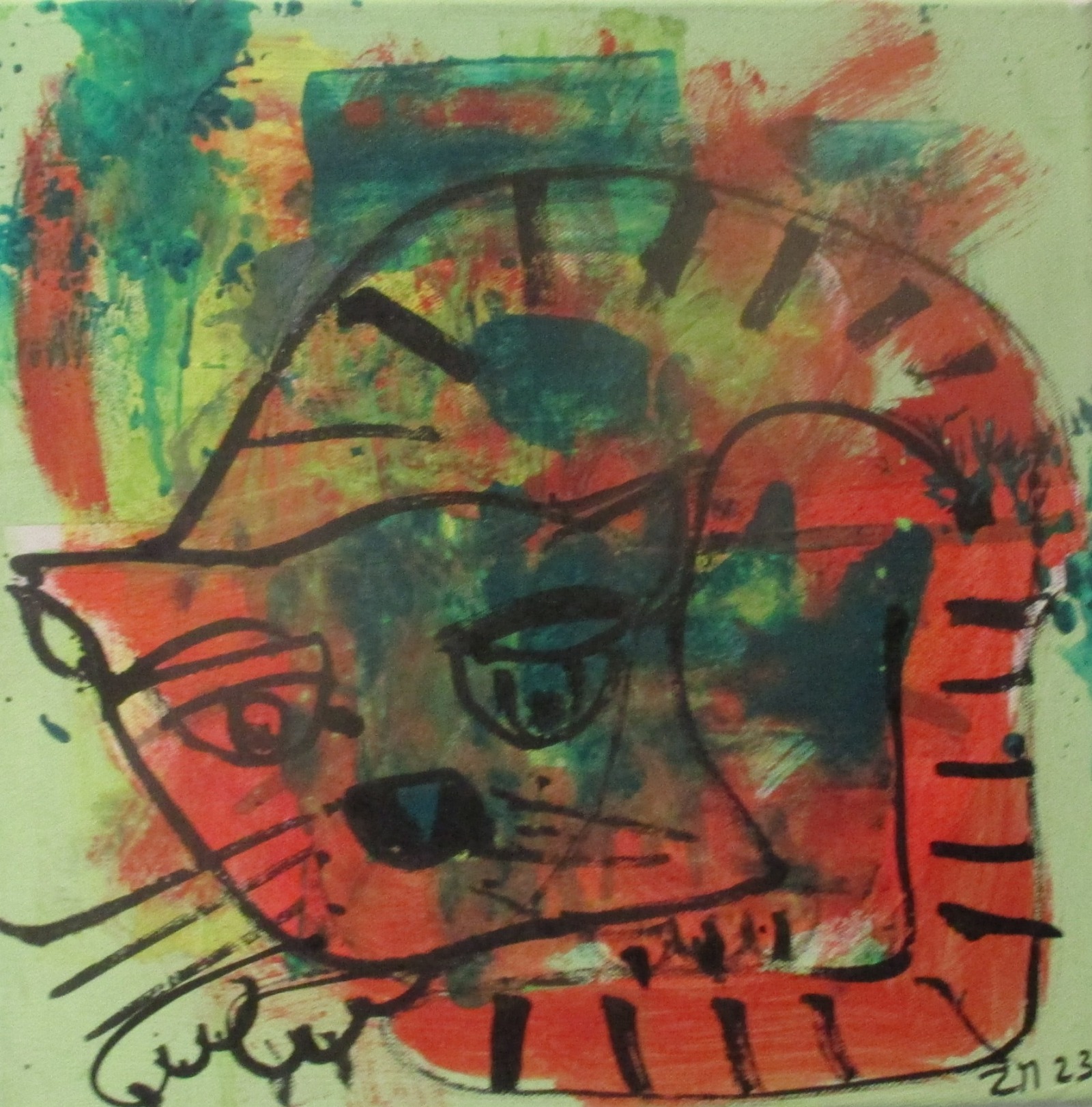 Katze in Original-Malerei auf 35x35 cm Leinwand, Öl und Acryl
