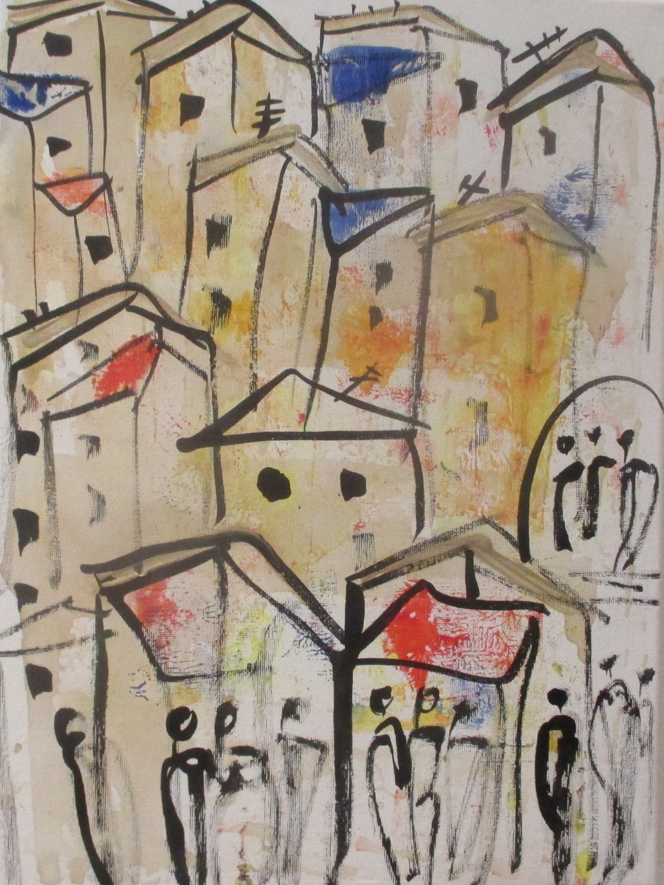 die Farben Italiens mit Kuppel expressive Häuser mit Menschen, expressive Malerei 40x30