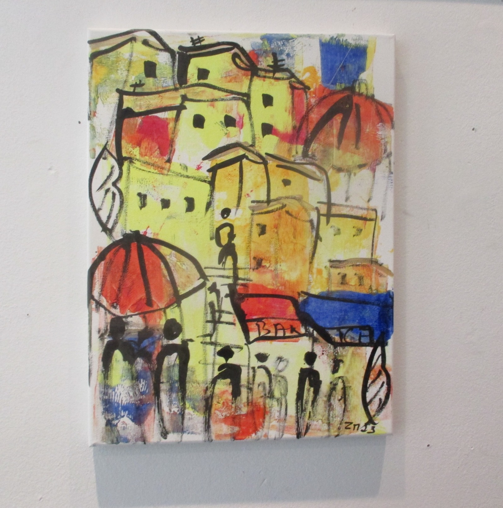 die Farben Italiens mit Kuppel expressive Häuser mit Menschen, expressive Malerei 40x30 2