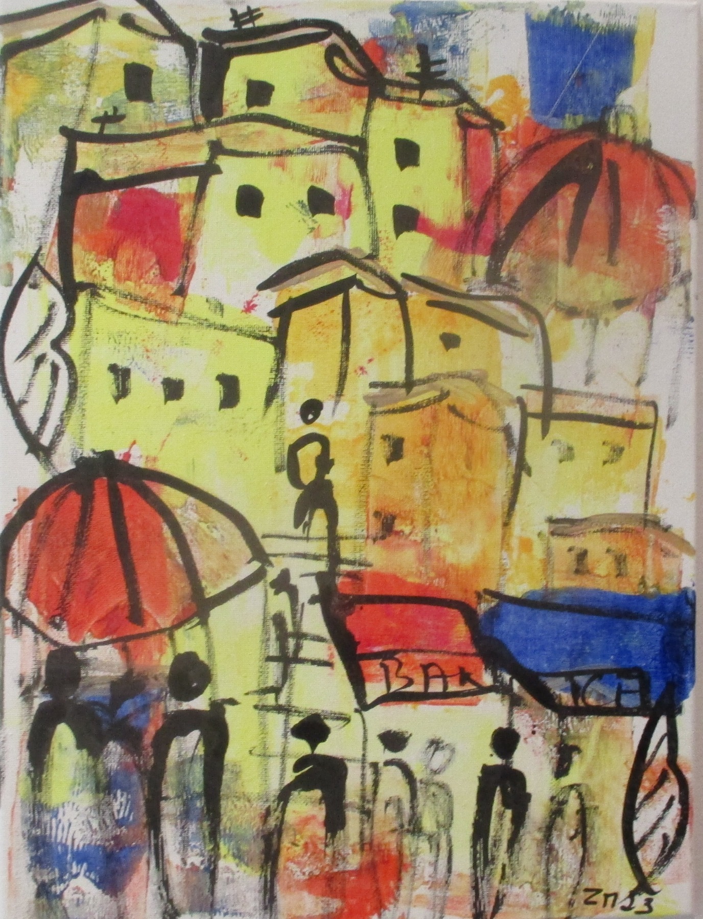 die Farben Italiens mit Kuppel expressive Häuser mit Menschen, expressive Malerei 40x30