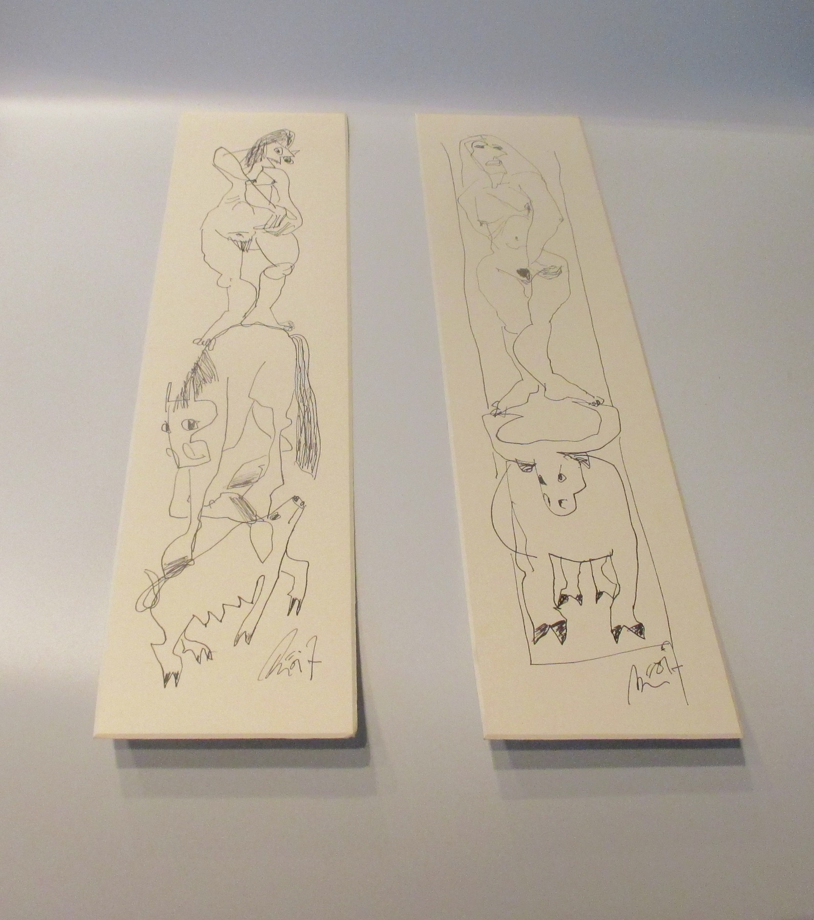 2 x 46x12cm Tiere und Akte in Original-Zeichnungen auf Künstlerkarton Acryltusche 5