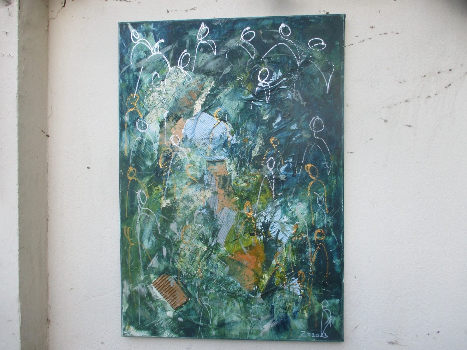 abstrakte Menschen in grün-blau 100x70 cm Ölmalerei Collage expressive Malerei 3