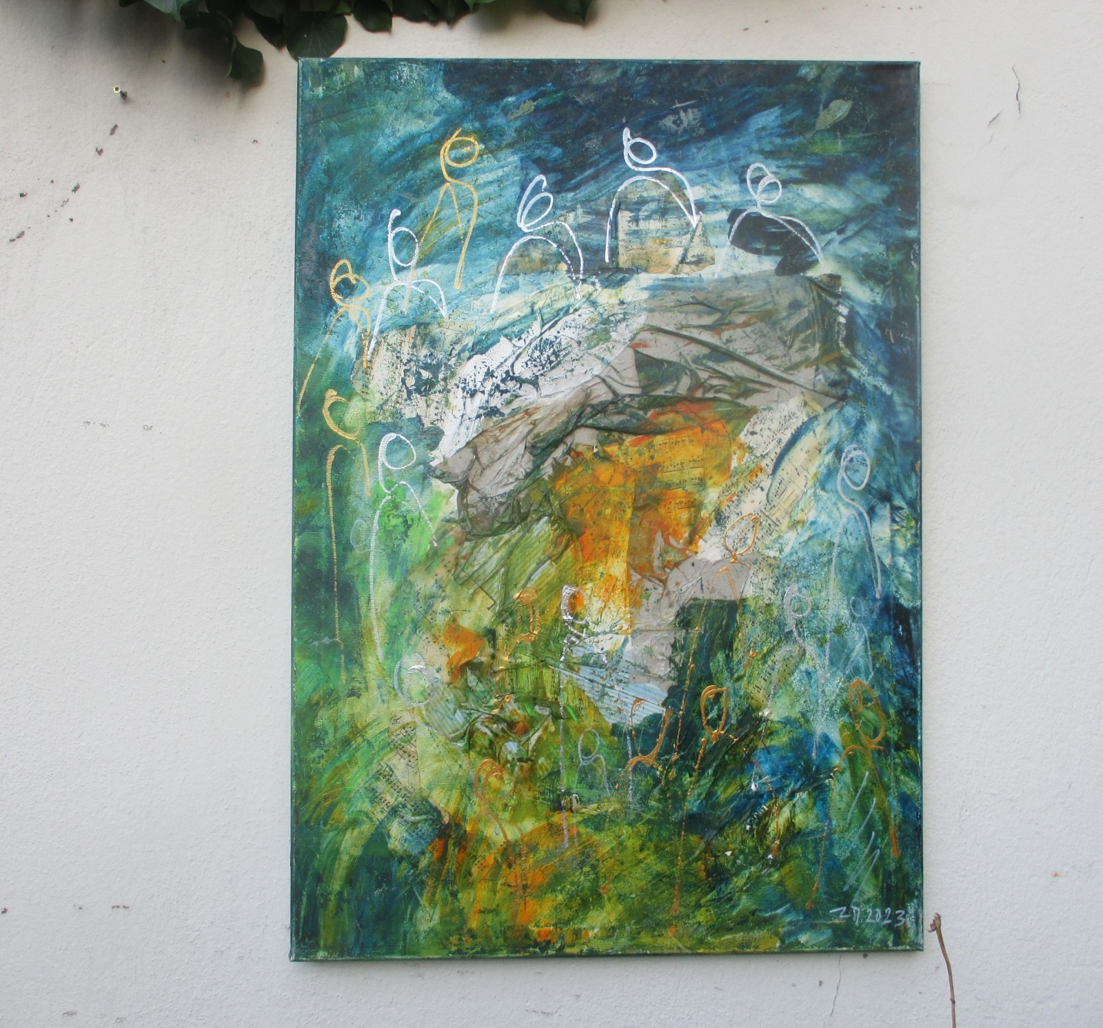 abstrakte Menschen in grün 100x70 cm Ölmalerei Collage expressive Malerei 2