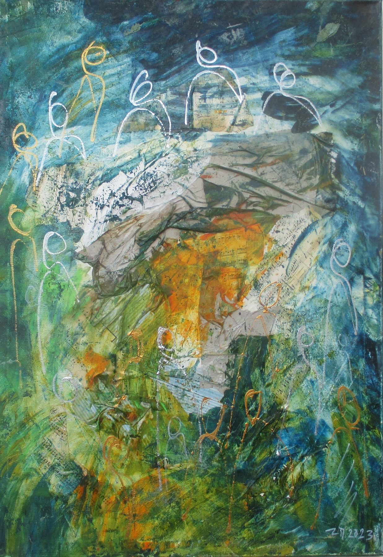 abstrakte Menschen in grün 100x70 cm Ölmalerei Collage expressive Malerei