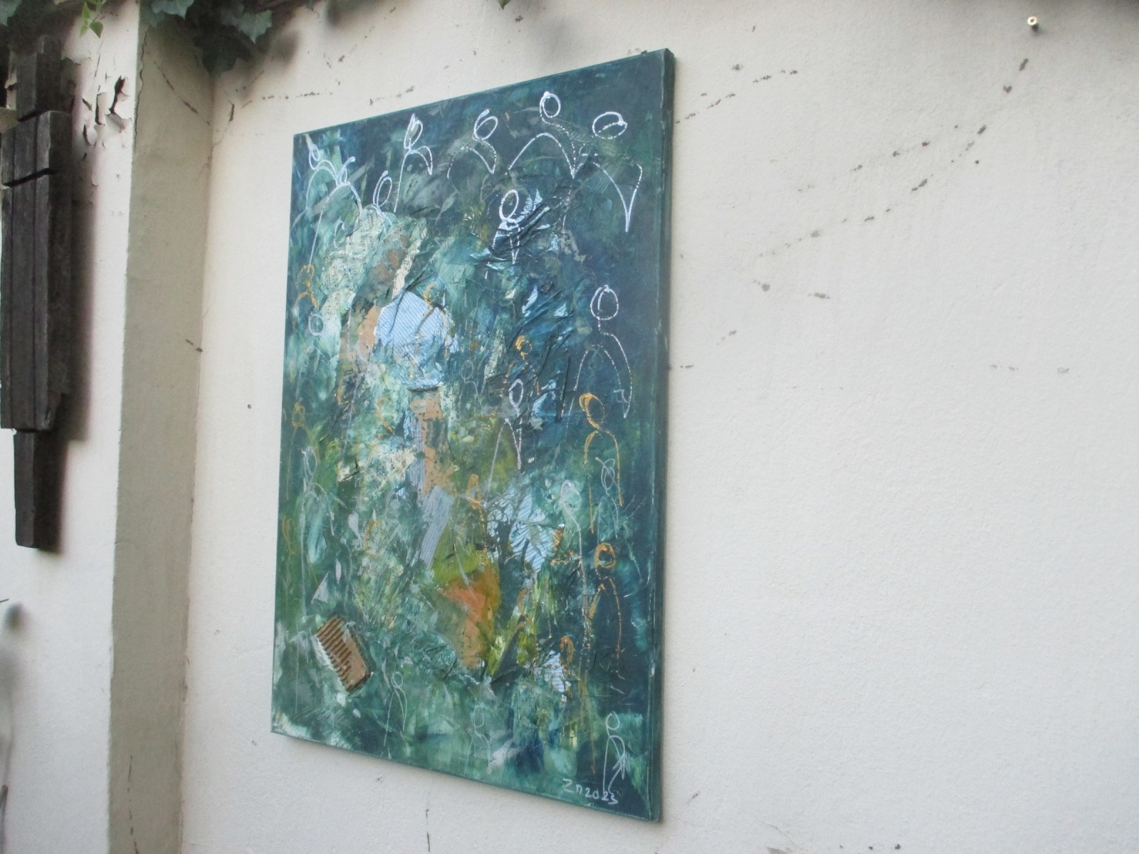 abstrakte Menschen in grün-blau 100x70 cm Ölmalerei Collage expressive Malerei 5