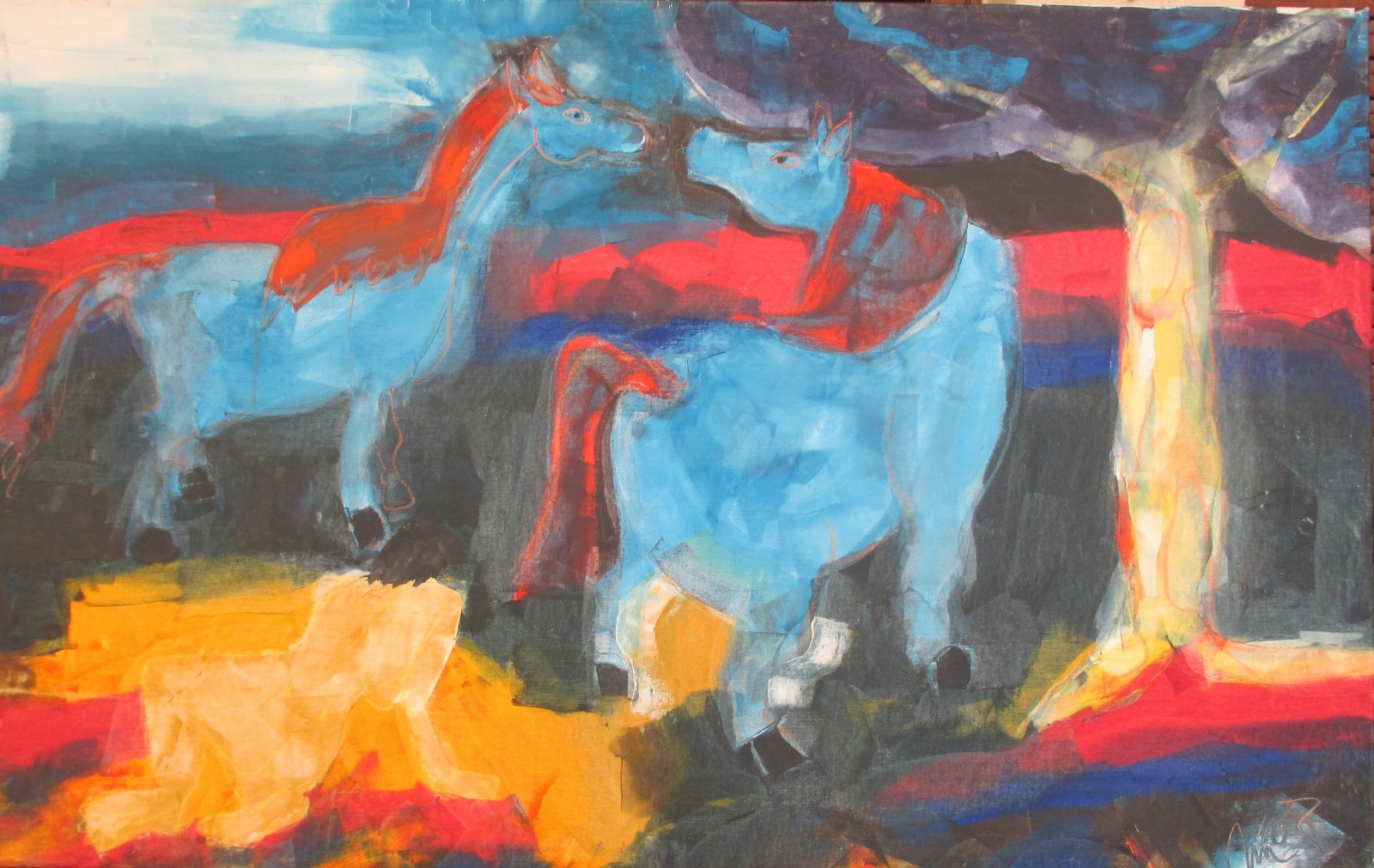 blaue Pferde in Öl auf Leinwand expressiv 95x150 cm