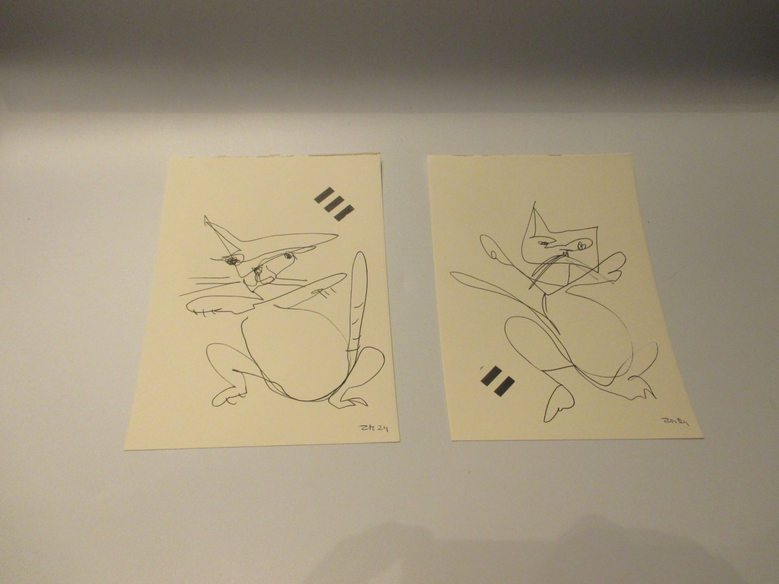 Katzen - 2 Zeichnungen - Tusche Gouache Aquarell 21x15 schwarz weiss 2