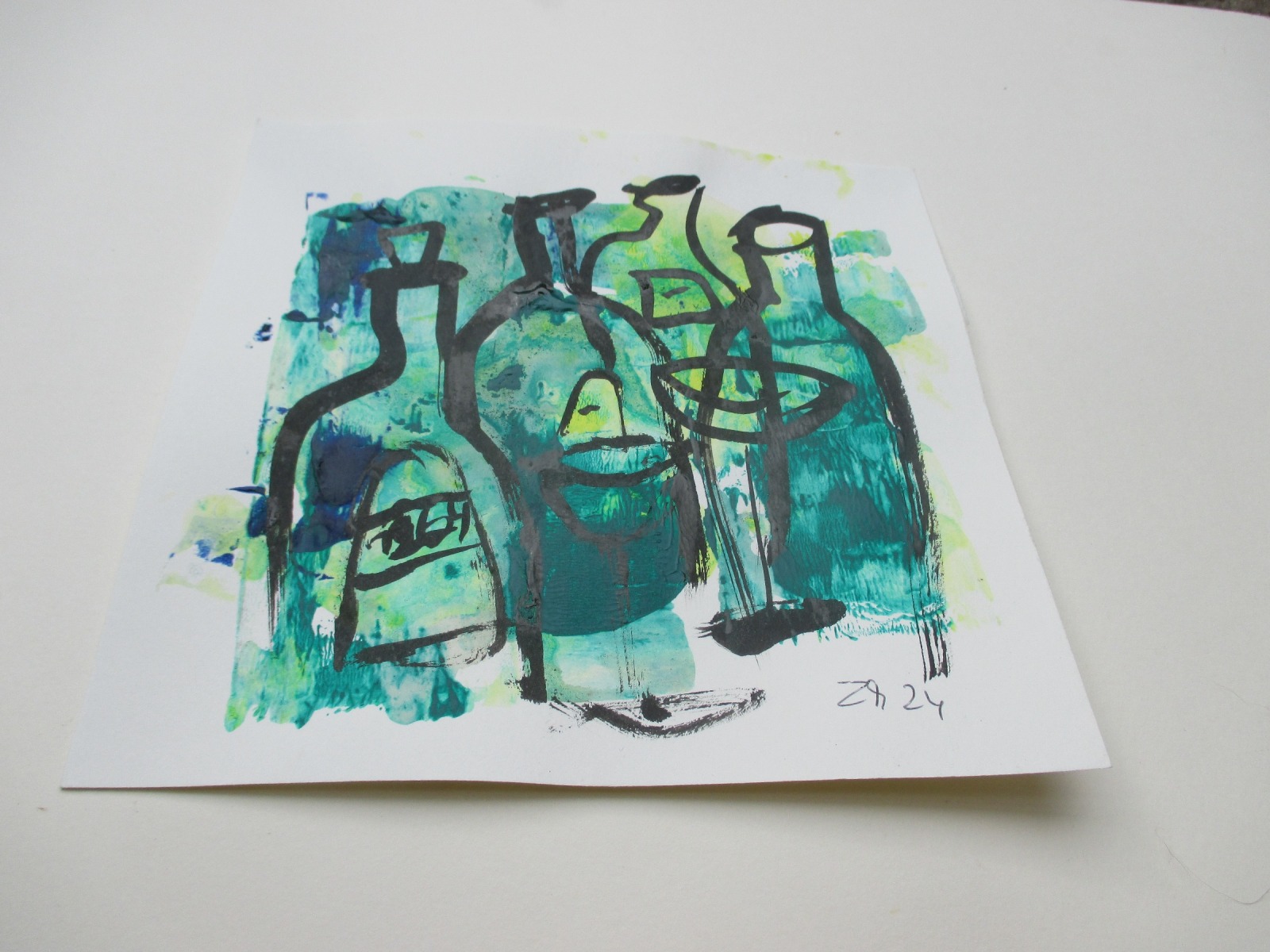 Flaschen Stilleben Küchenbild Original Zeichnung auf Künstlerpapier 20x20cm expressiv - mit Acryl