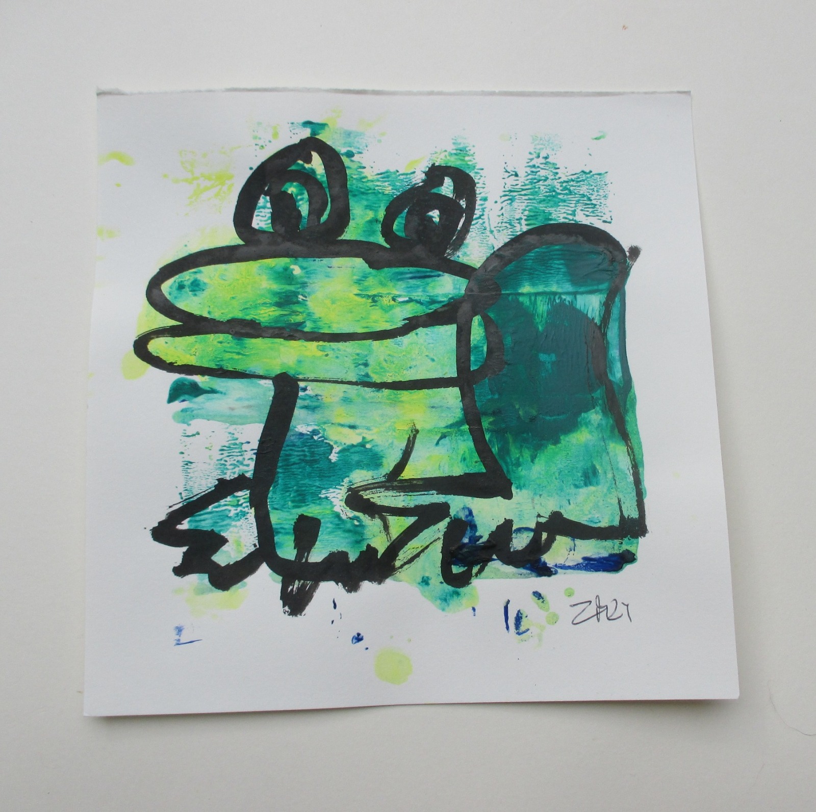 grüner Frosch Original Zeichnung auf Künstlerpapier 20x20cm expressiv - mit Acryl gezeichnet 2